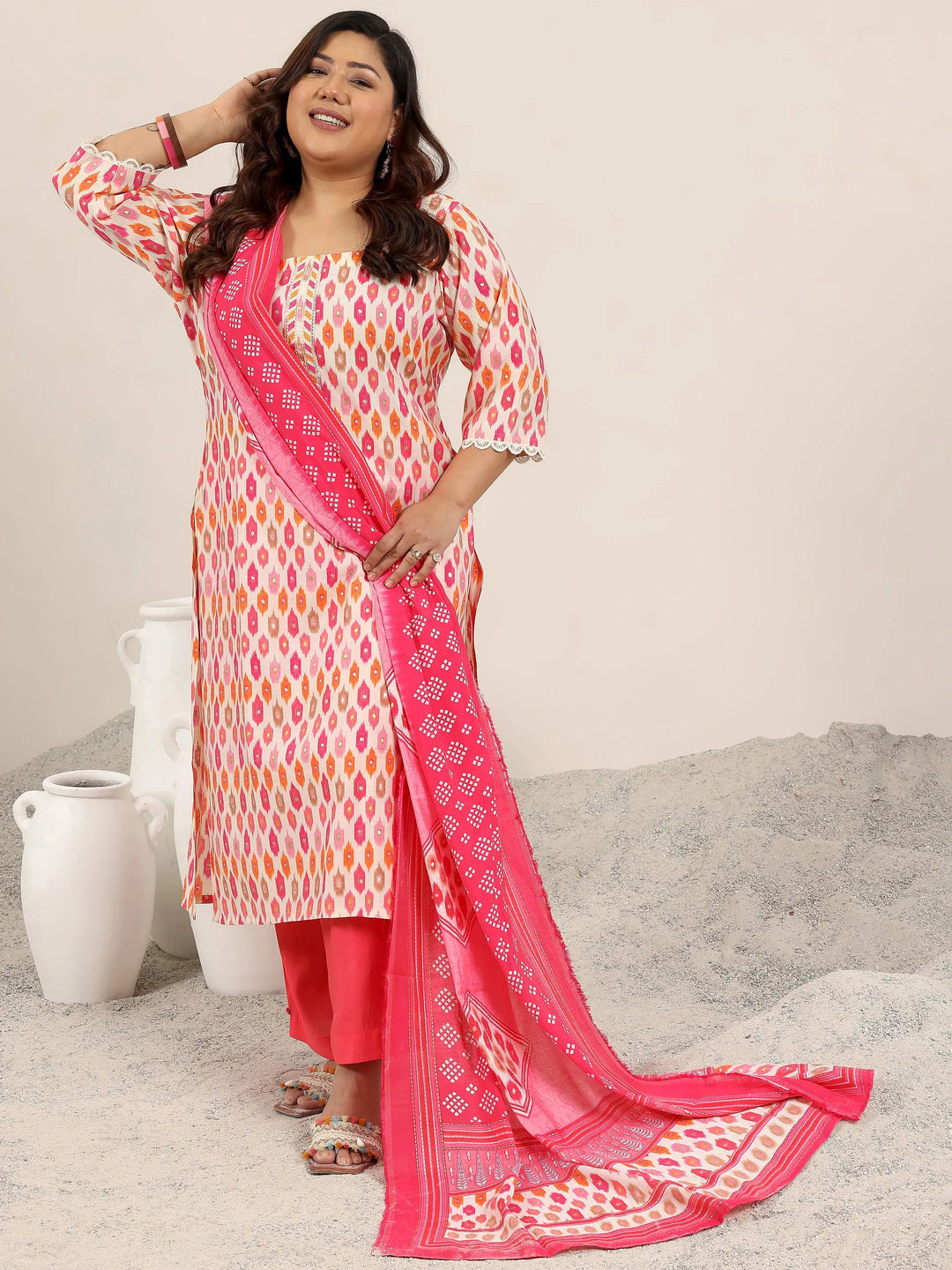  Plus Size Pink Printed Silk Blend Straight Suit Set With Dupatta 