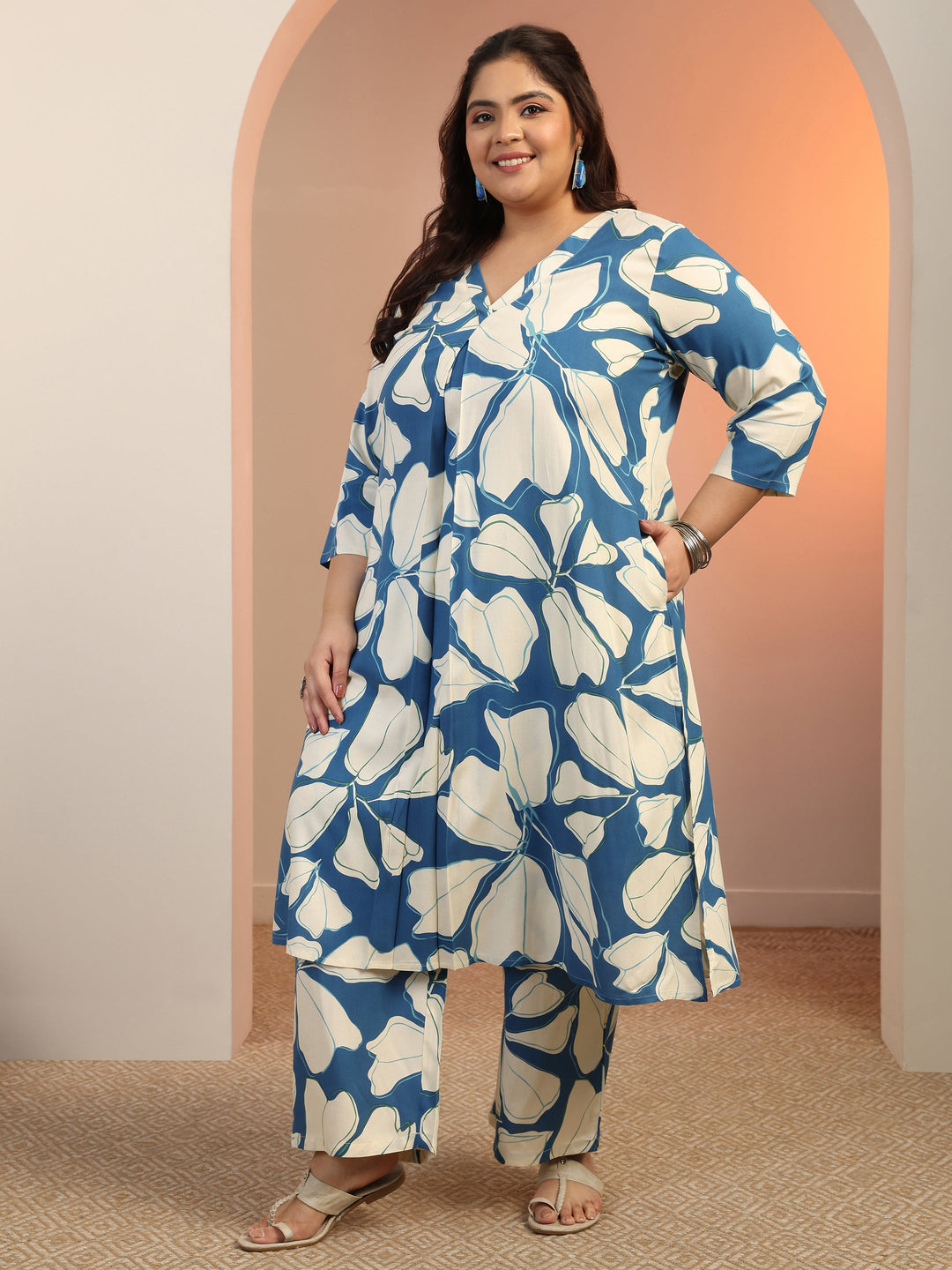  Plus Size Blue Printed Rayon Co-Ord Sets 