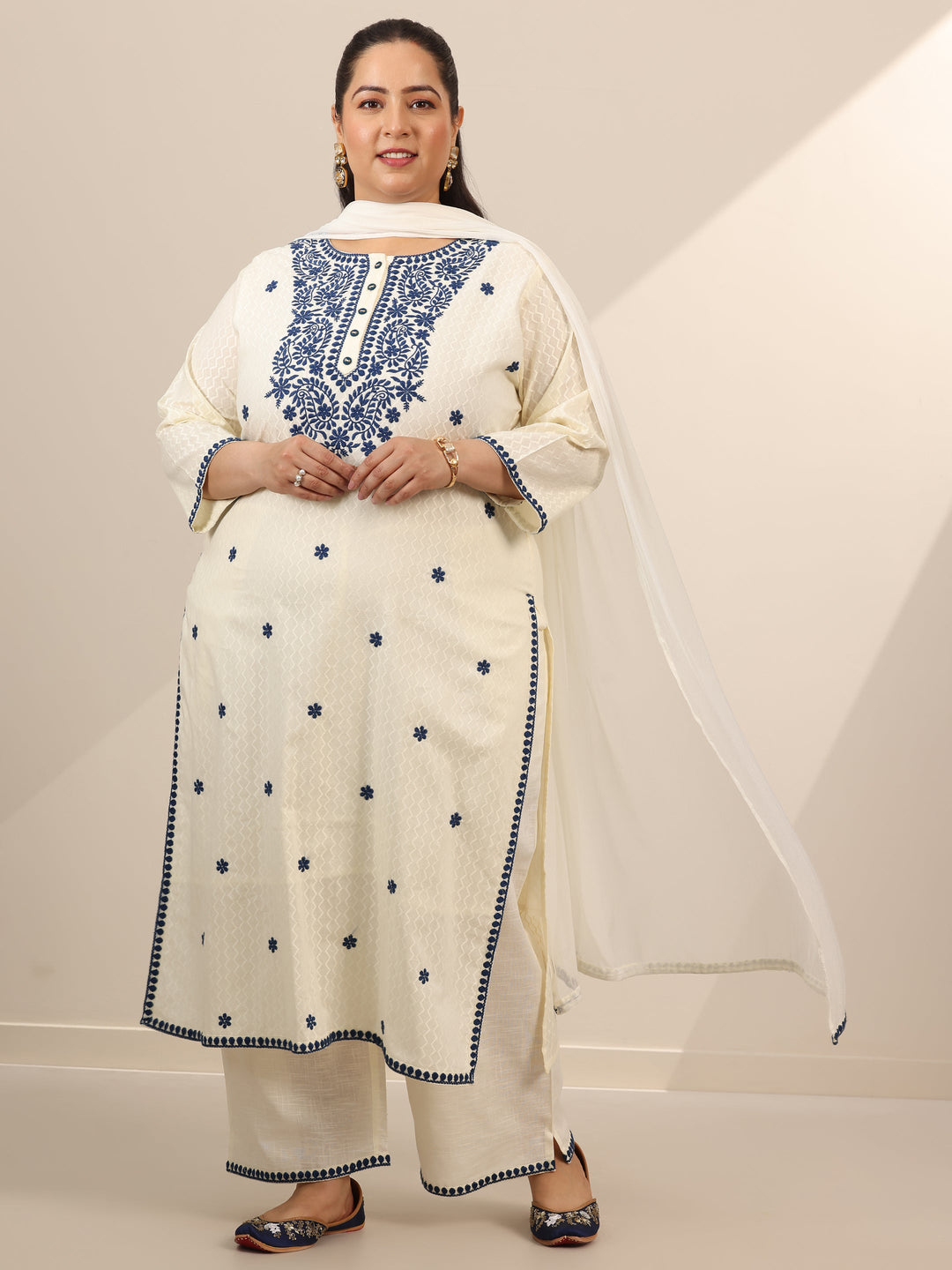  Plus Size Off White Embroidered Cotton Straight Suit Set With Dupatta 