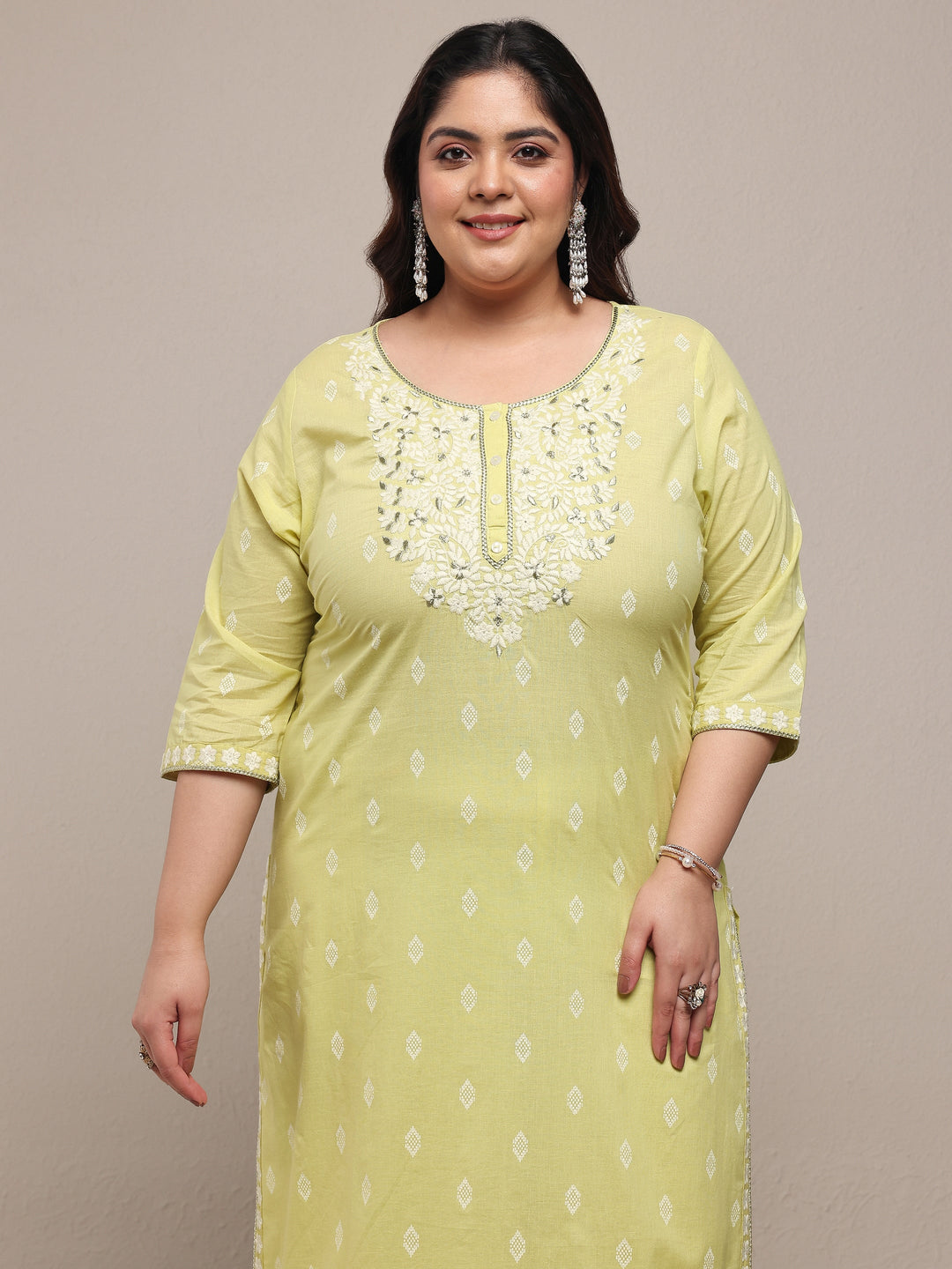  Plus Size Lime Green Embroidered Cotton Blend Straight Suit Set With Dupatta 