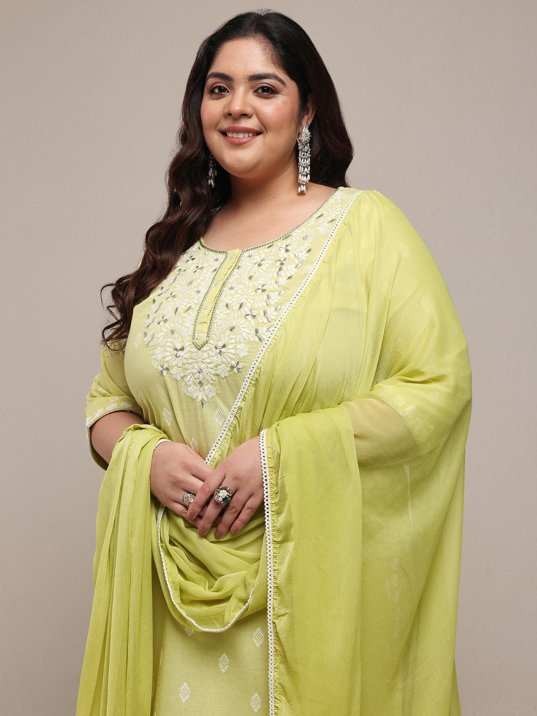  Plus Size Lime Green Embroidered Cotton Blend Straight Suit Set With Dupatta 
