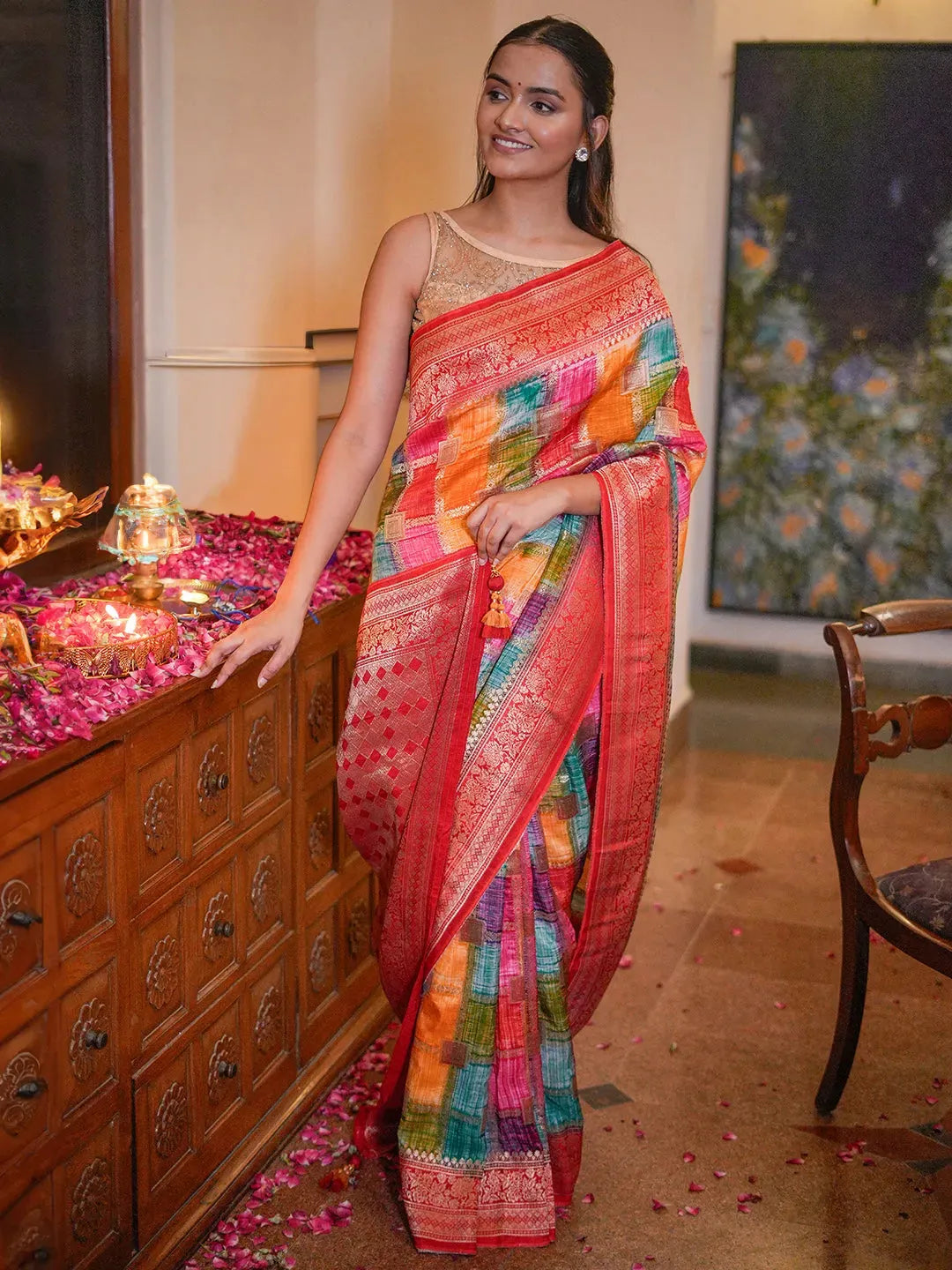  Libas Art Multicoloured Woven Design Satin Saree With Unstitched  Blouse Piece 