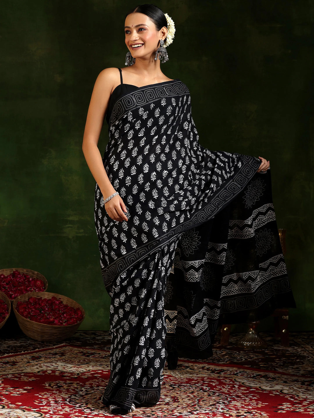  Black Printed Cotton Saree With Unstitched Blouse Piece 