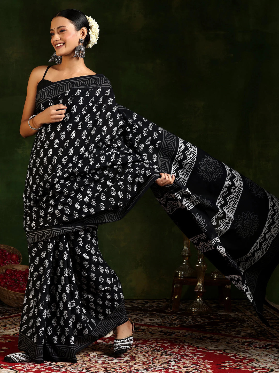  Black Printed Cotton Saree With Unstitched Blouse Piece 
