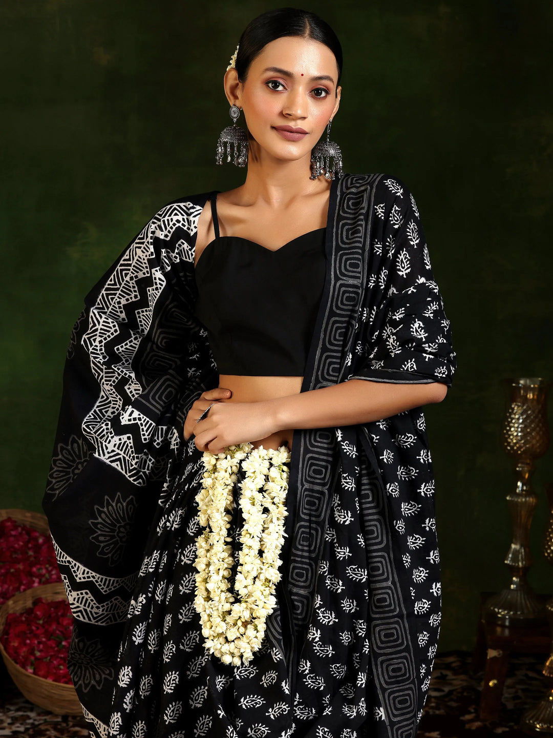  Black Printed Cotton Saree With Unstitched Blouse Piece 