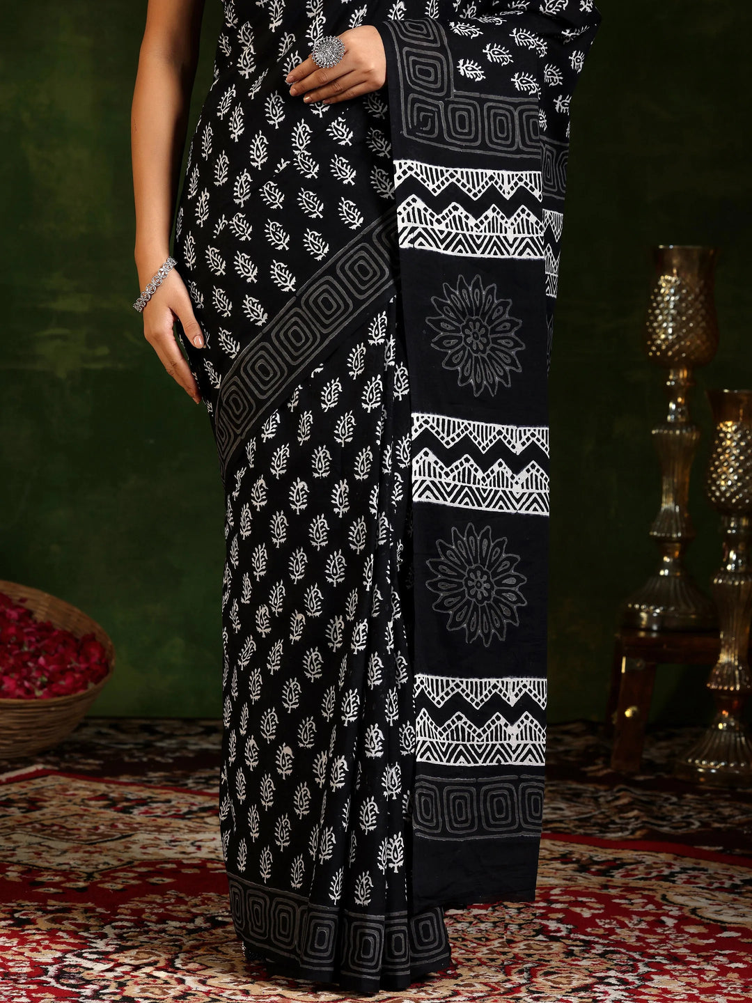  Black Printed Cotton Saree With Unstitched Blouse Piece 