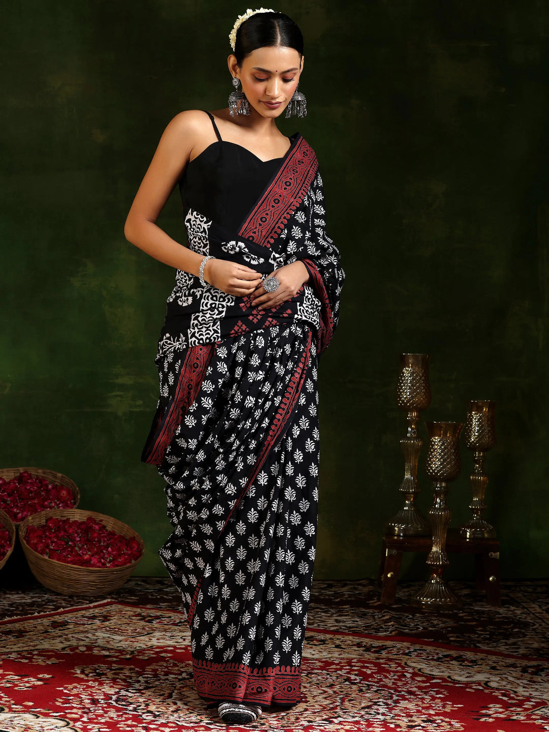  Black Printed Cotton Saree With Unstitched Blouse Piece 