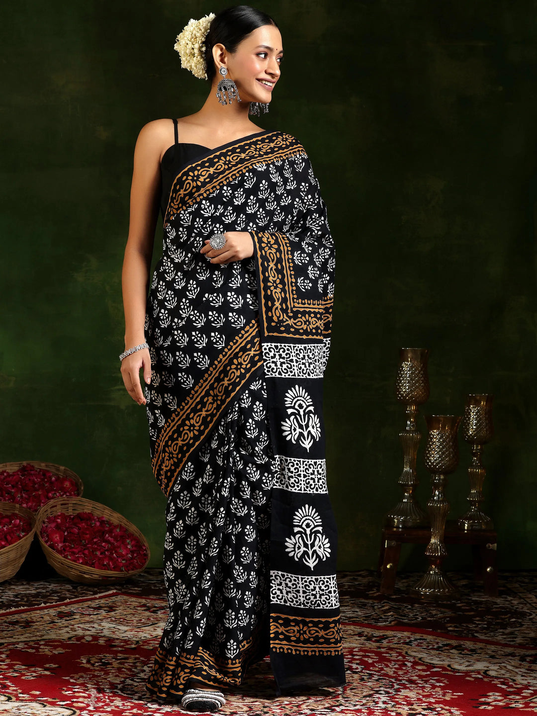  Black Printed Cotton Saree With Unstitched Blouse Piece 