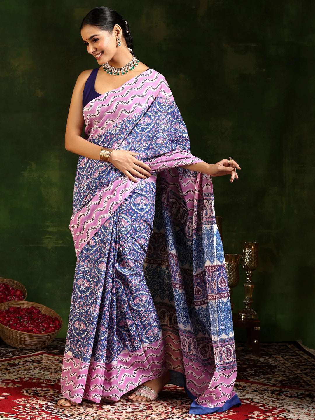  Blue Printed Cotton Saree With Unstitched Blouse Piece 