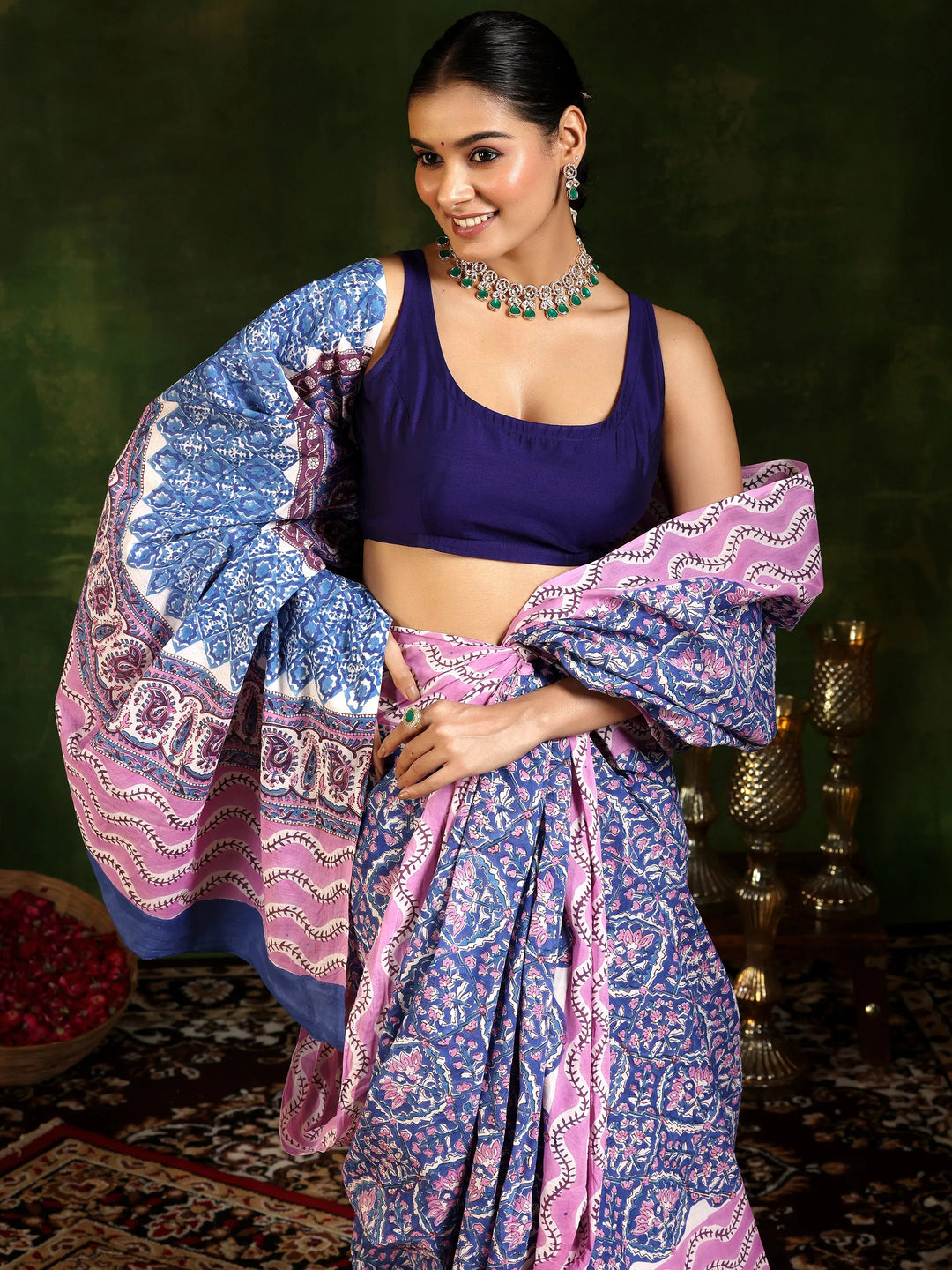  Blue Printed Cotton Saree With Unstitched Blouse Piece 