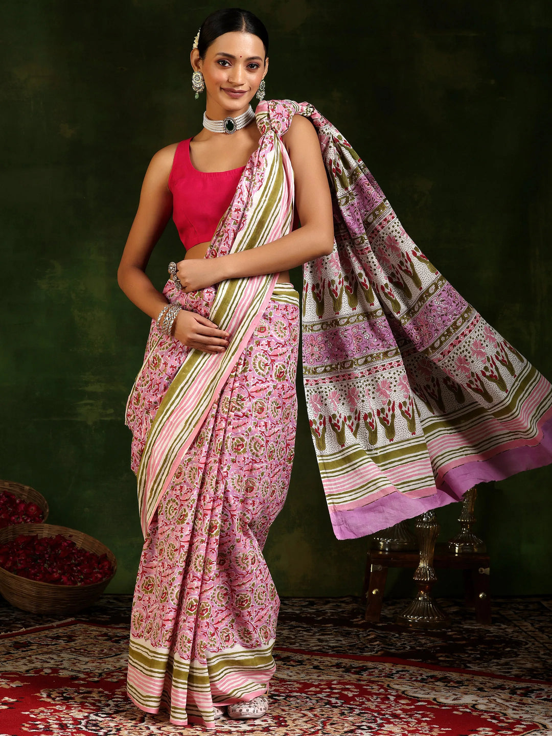  Lavender Printed Cotton Saree With Unstitched Blouse Piece 