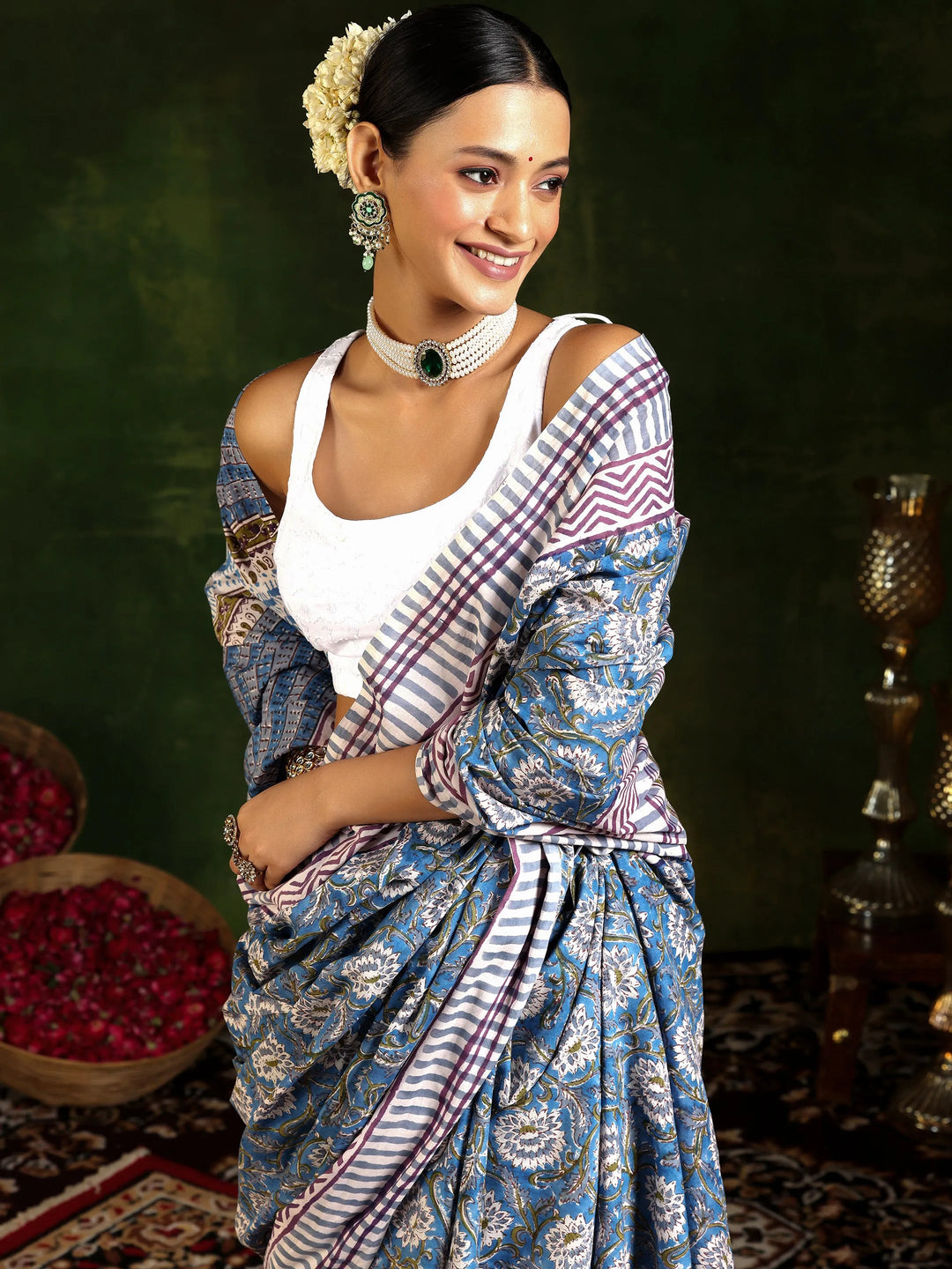  Blue Printed Cotton Saree With Unstitched Blouse Piece 