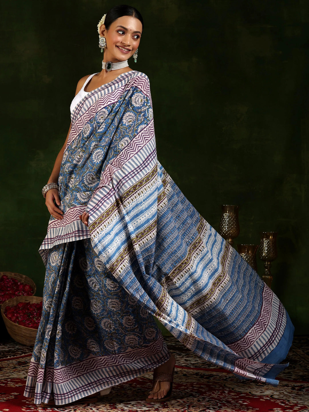  Blue Printed Cotton Saree With Unstitched Blouse Piece 