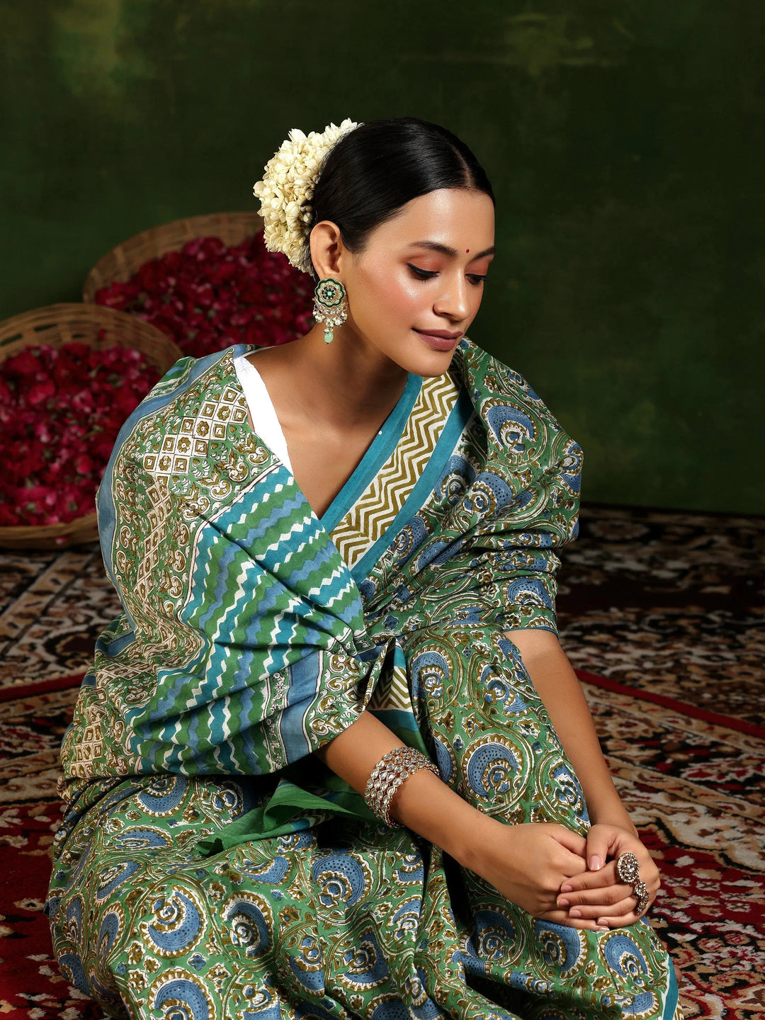  Green Printed Cotton Saree With Unstitched Blouse Piece 
