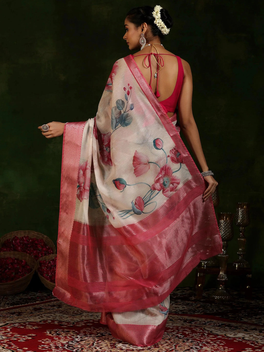  Beige Printed Silk Blend Saree With Unstitched Blouse Piece 