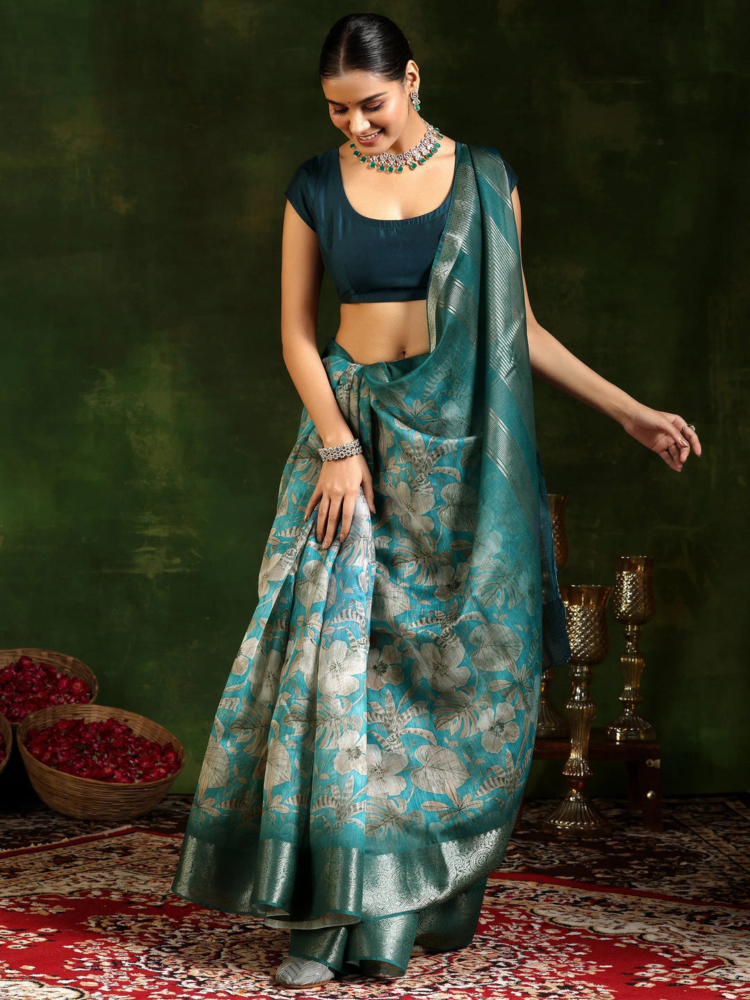  Blue Printed Silk Blend Saree With Unstitched Blouse Piece 