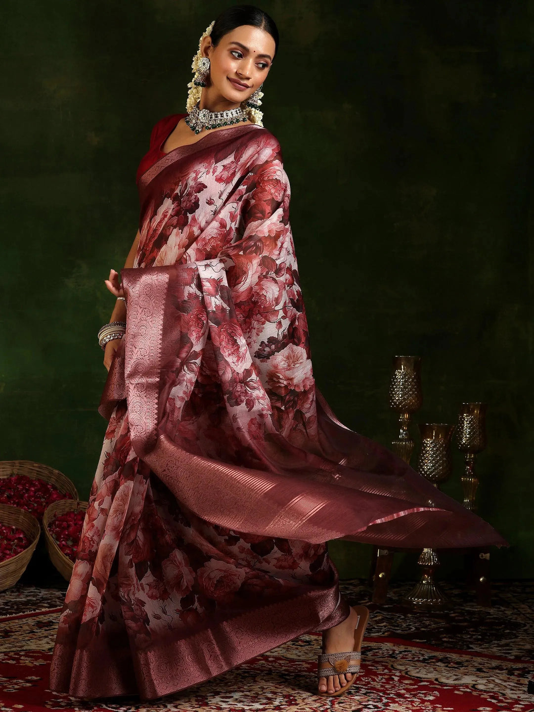  Maroon Printed Silk Blend Saree With Unstitched Blouse Piece 