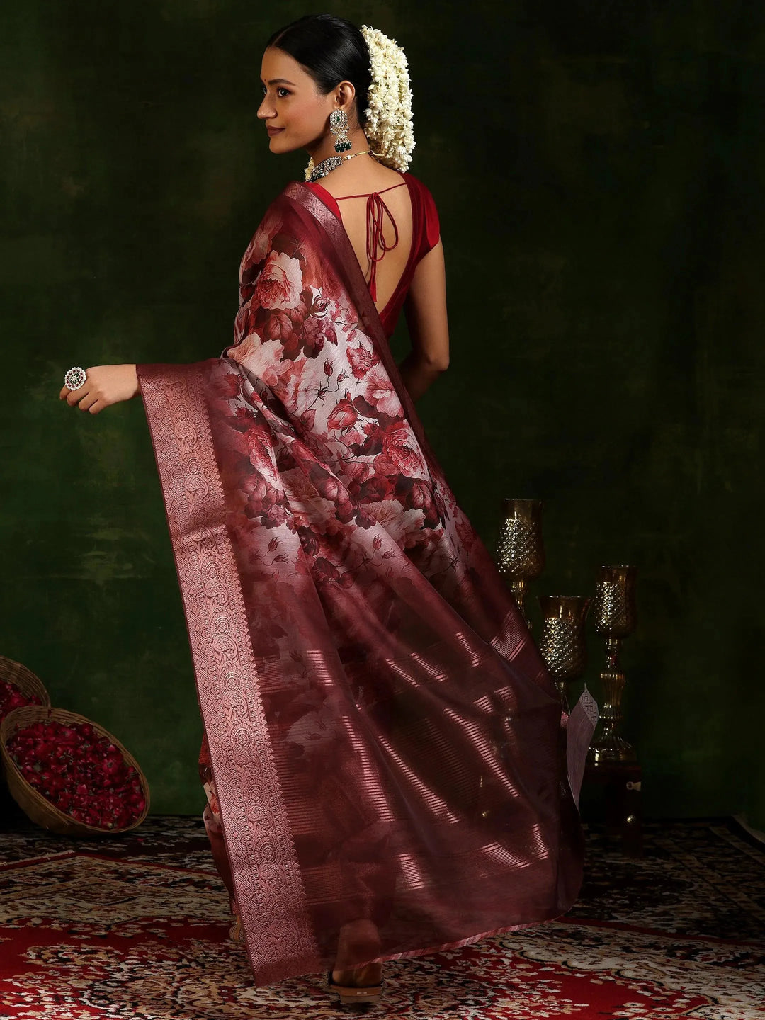  Maroon Printed Silk Blend Saree With Unstitched Blouse Piece 