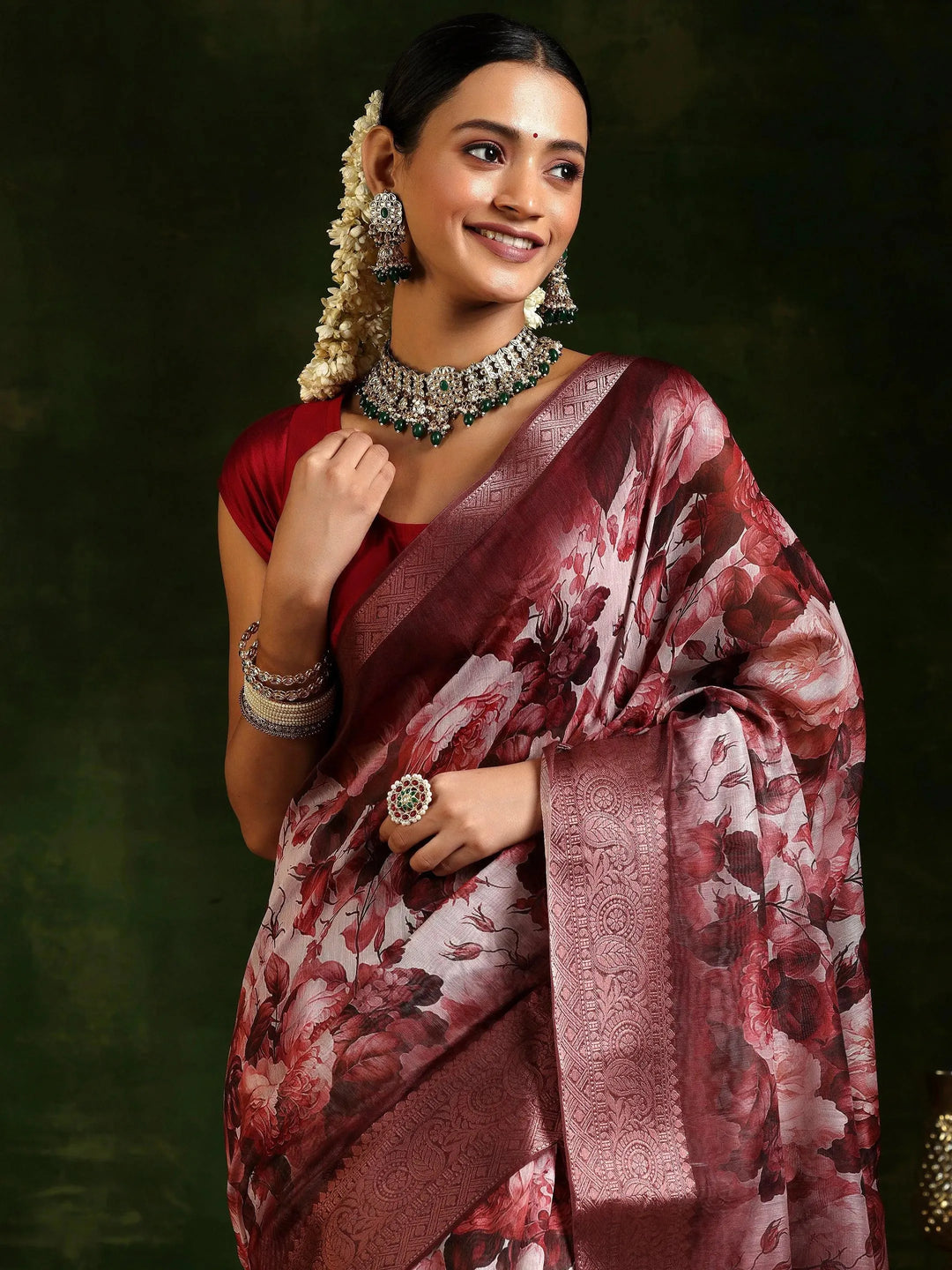  Maroon Printed Silk Blend Saree With Unstitched Blouse Piece 