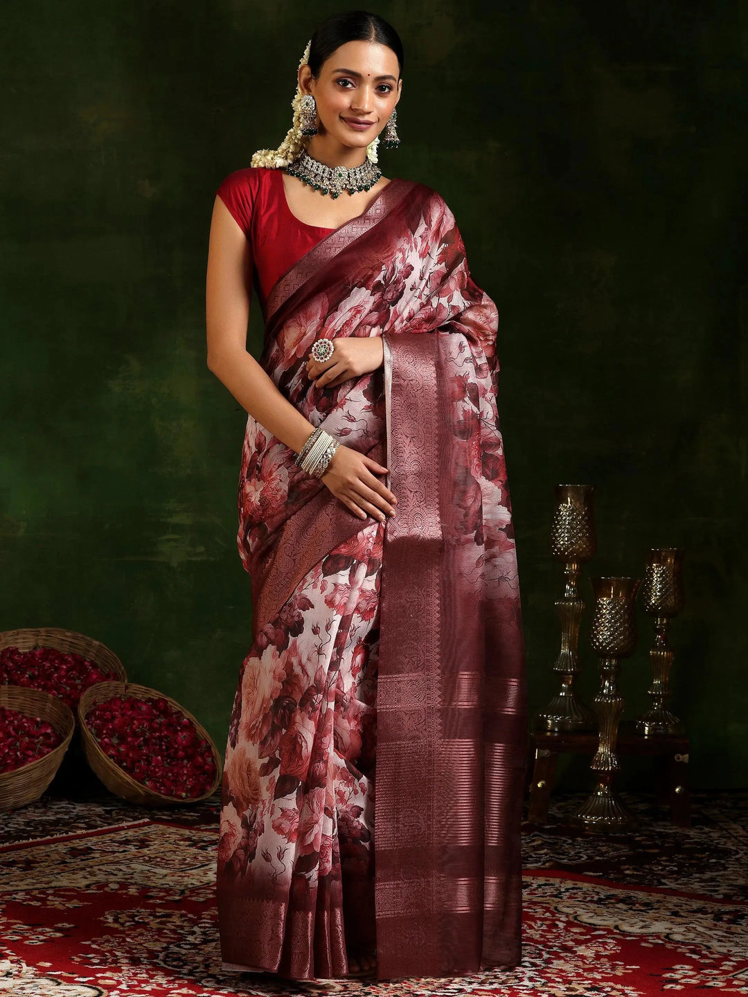  Maroon Printed Silk Blend Saree With Unstitched Blouse Piece 