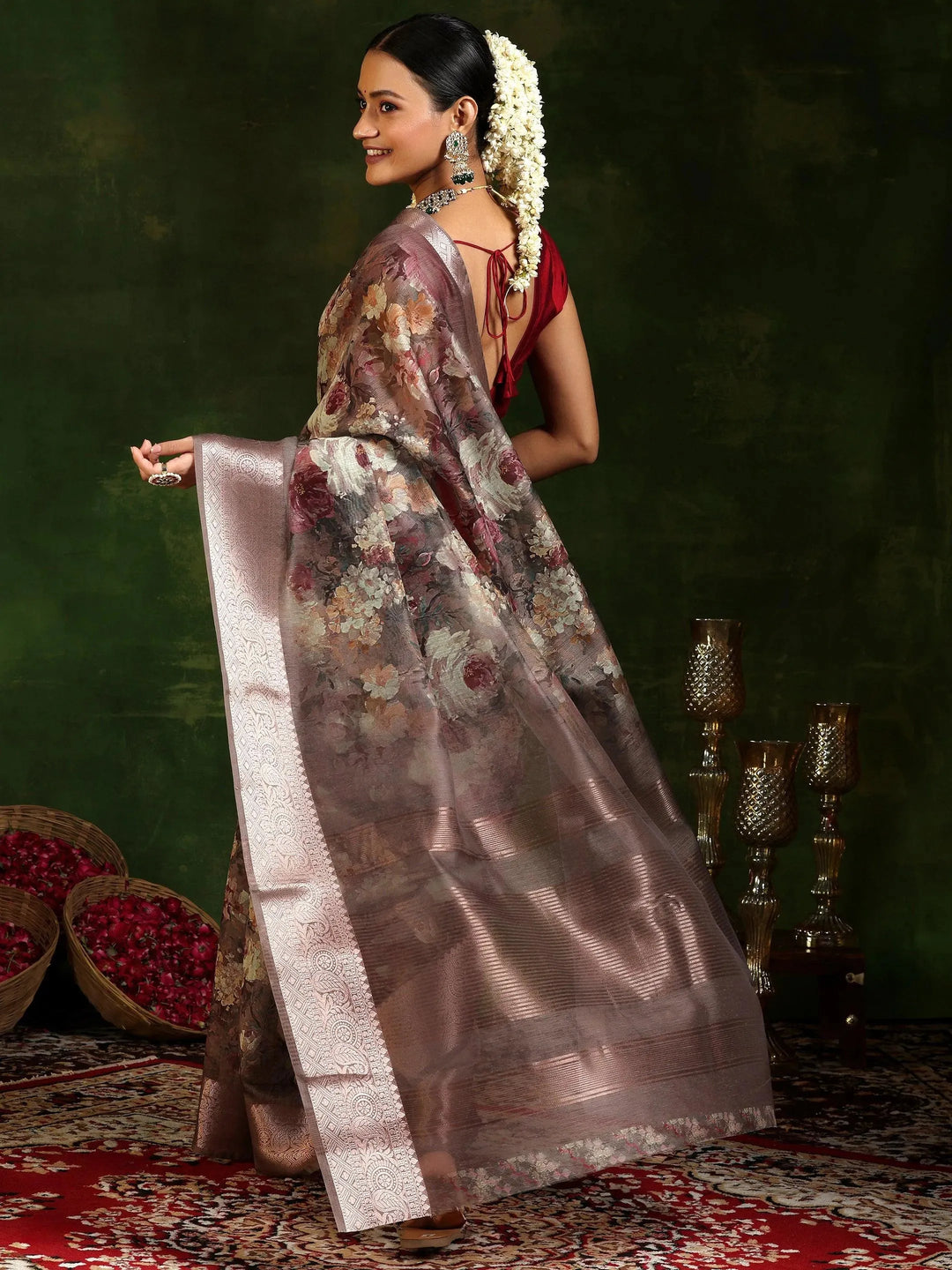  Taupe Printed Silk Blend Saree With Unstitched Blouse Piece 