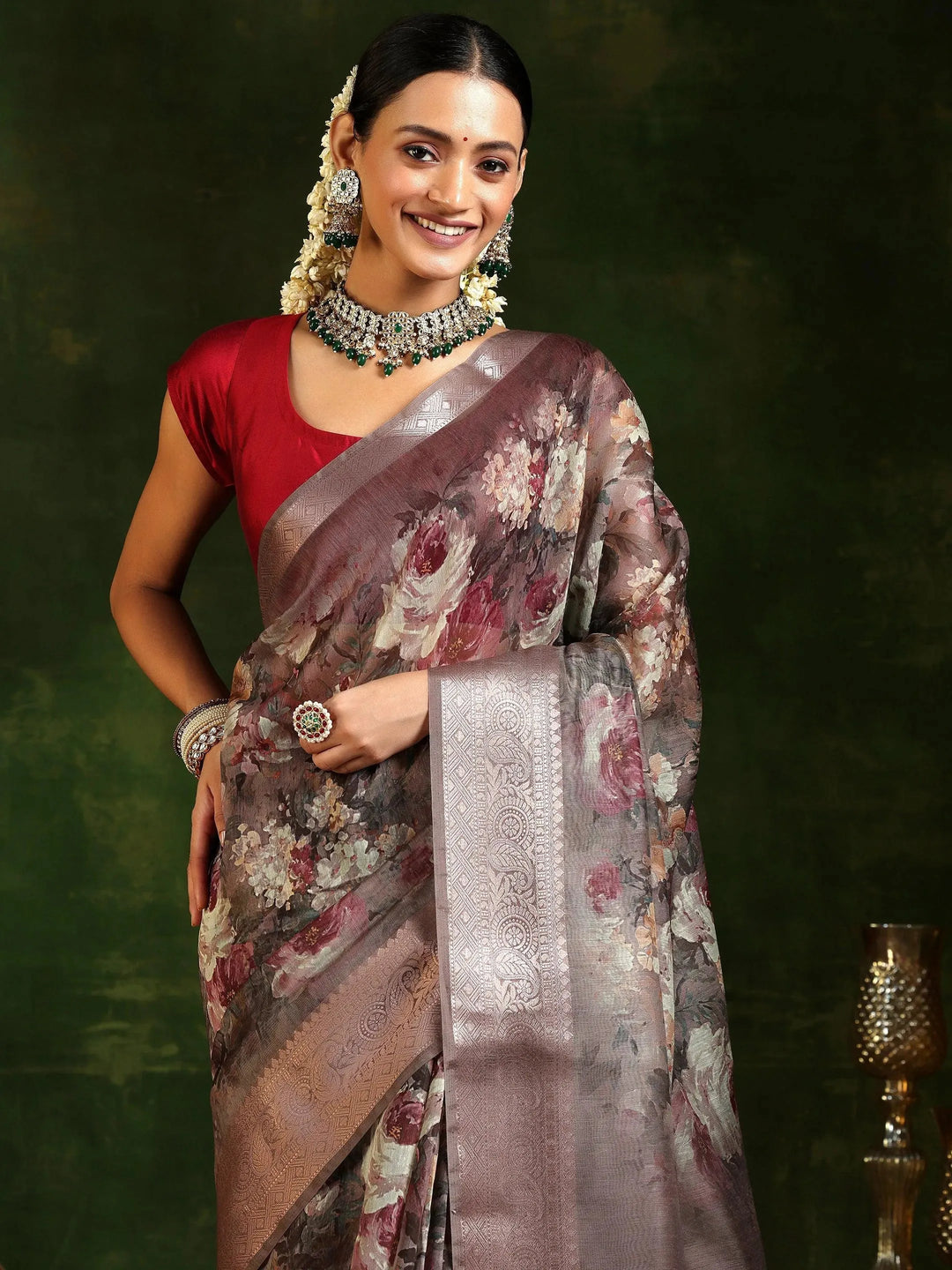  Taupe Printed Silk Blend Saree With Unstitched Blouse Piece 