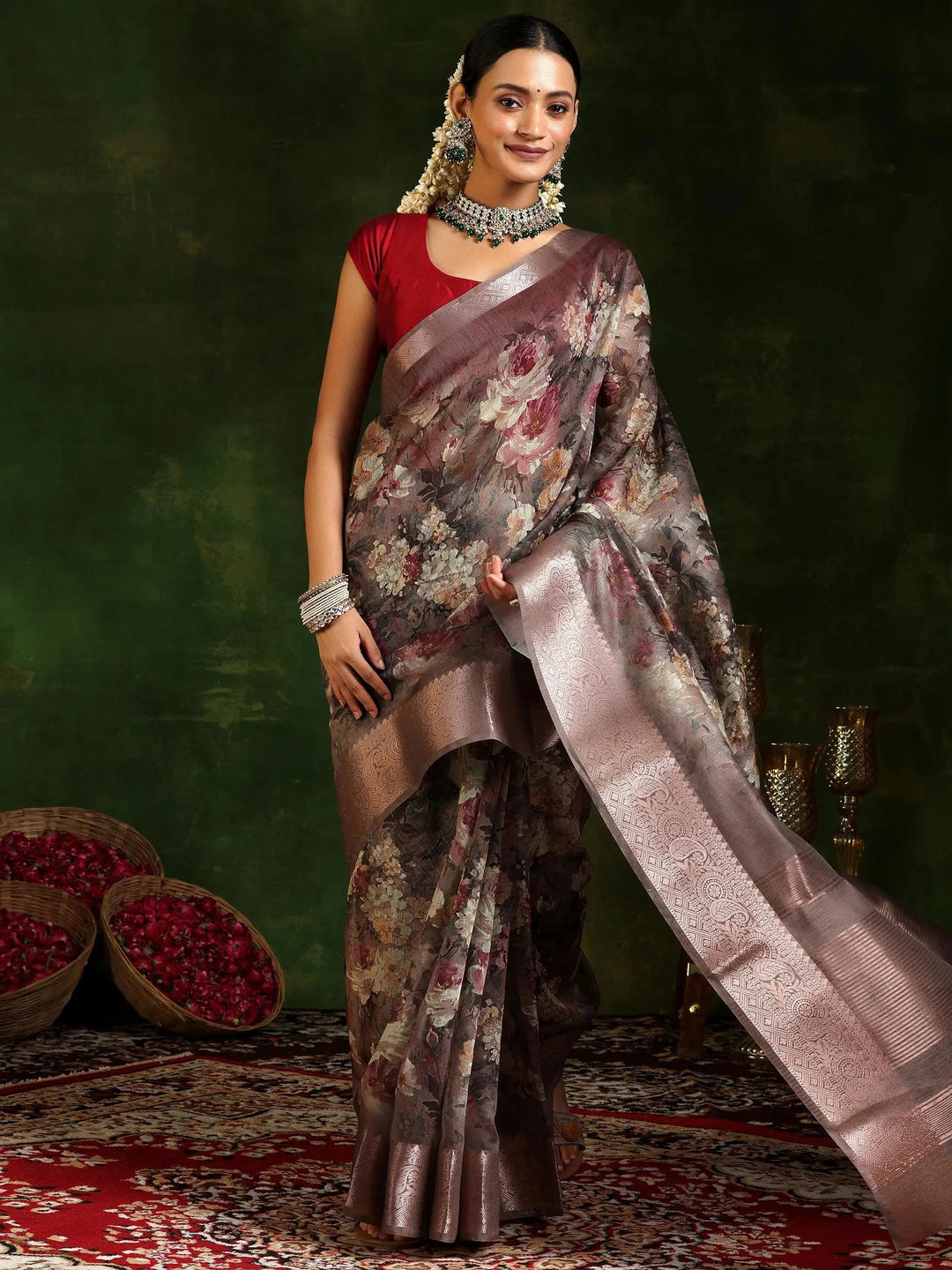 Taupe Printed Silk Blend Saree With Unstitched Blouse Piece 