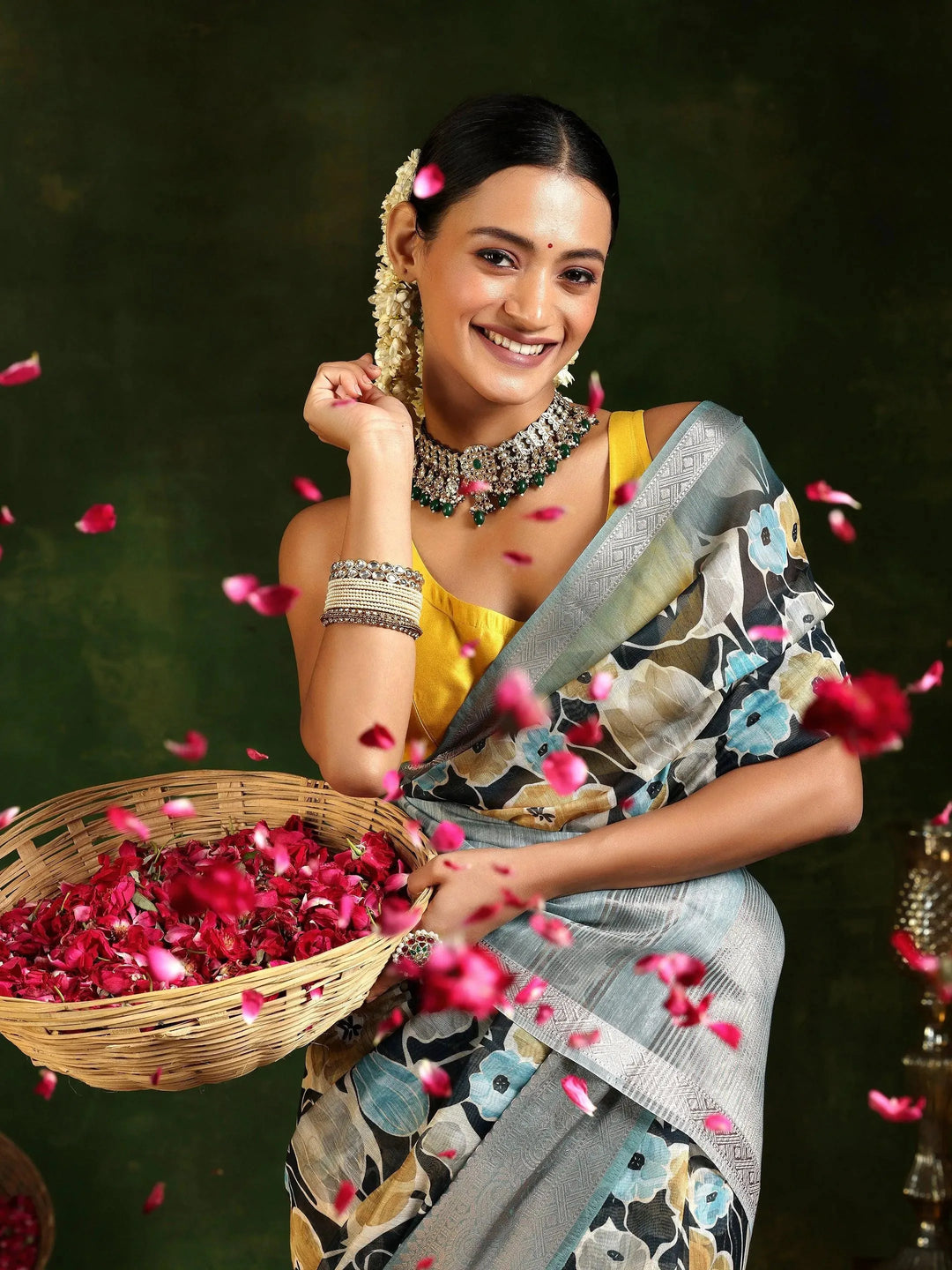  Black Printed Silk Blend Saree With Unstitched Blouse Piece 