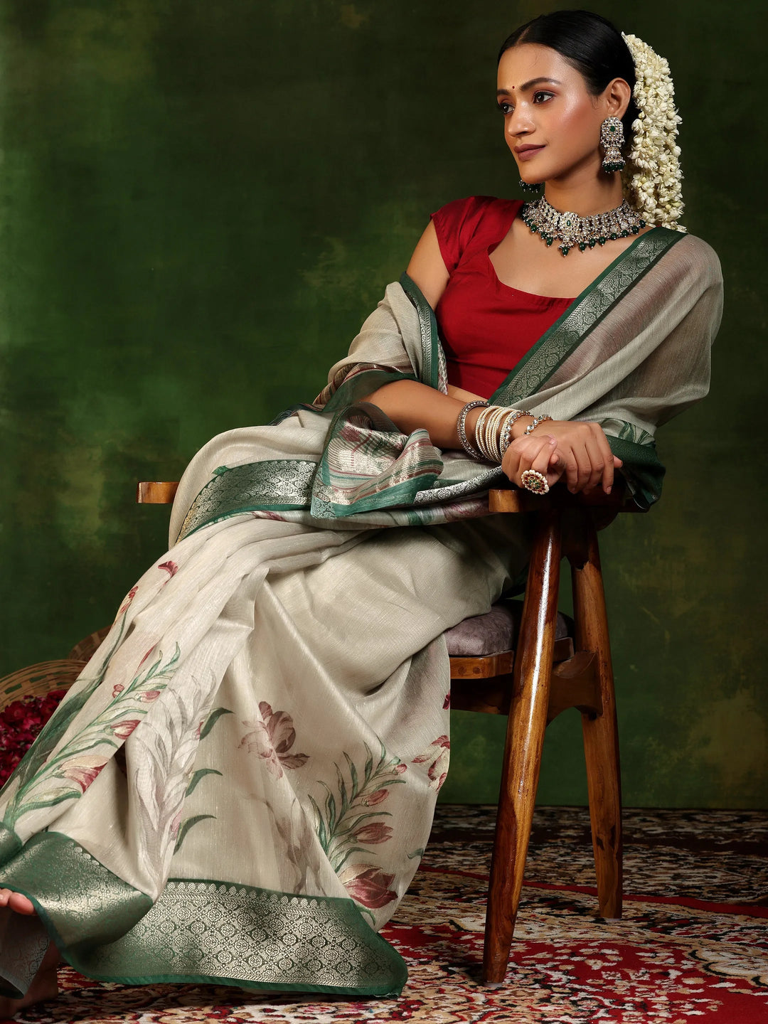  Beige Printed Silk Blend Saree With Unstitched Blouse Piece 