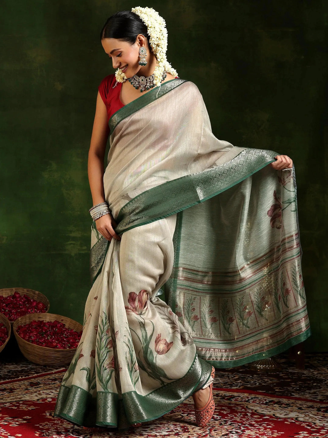  Beige Printed Silk Blend Saree With Unstitched Blouse Piece 