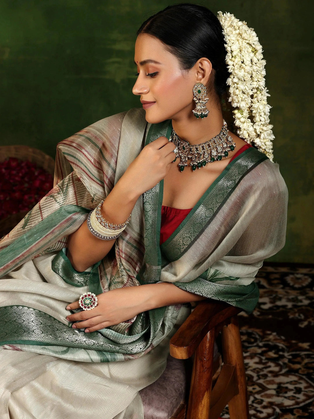  Beige Printed Silk Blend Saree With Unstitched Blouse Piece 