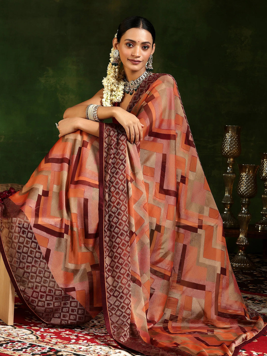  Rust Printed Poly Chiffon Saree With Unstitched Blouse Piece 