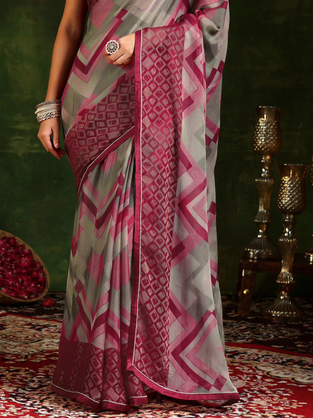  Pink Printed Poly Chiffon Saree With Unstitched Blouse Piece 