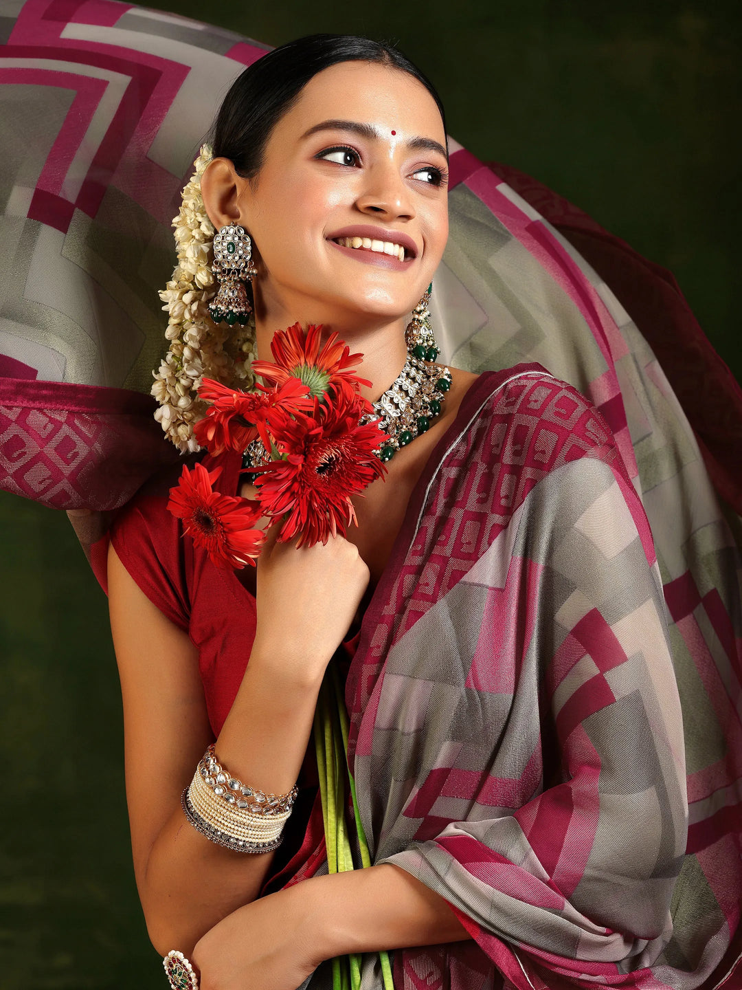  Pink Printed Poly Chiffon Saree With Unstitched Blouse Piece 
