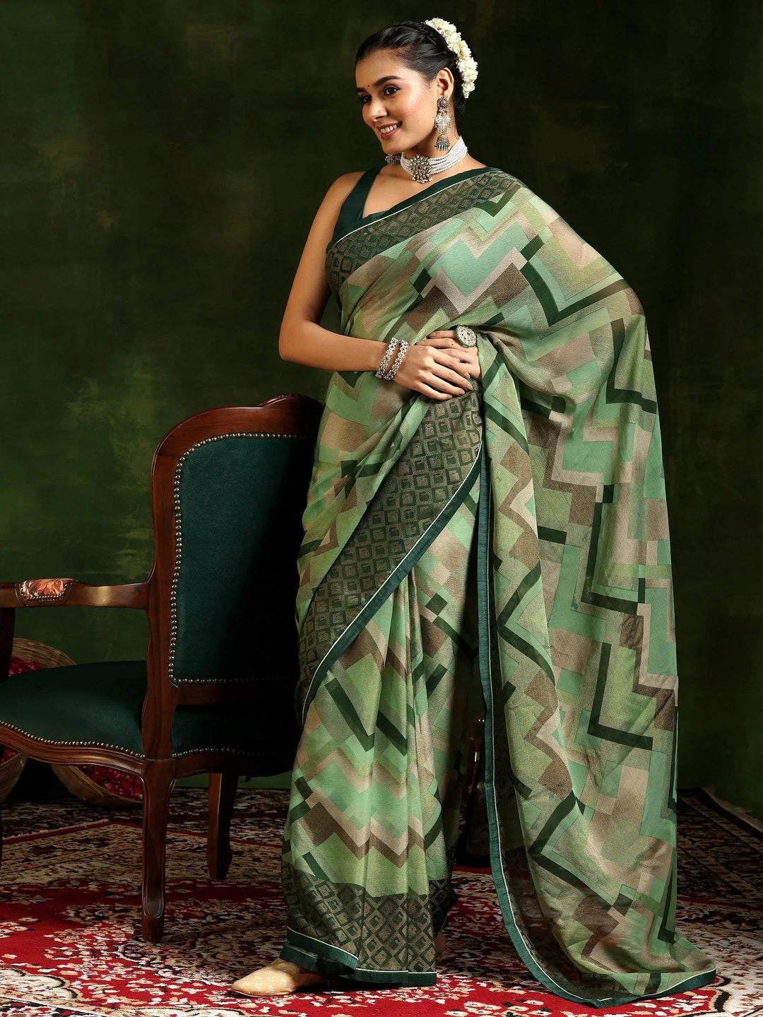  Green Printed Poly Chiffon Saree With Unstitched Blouse Piece 