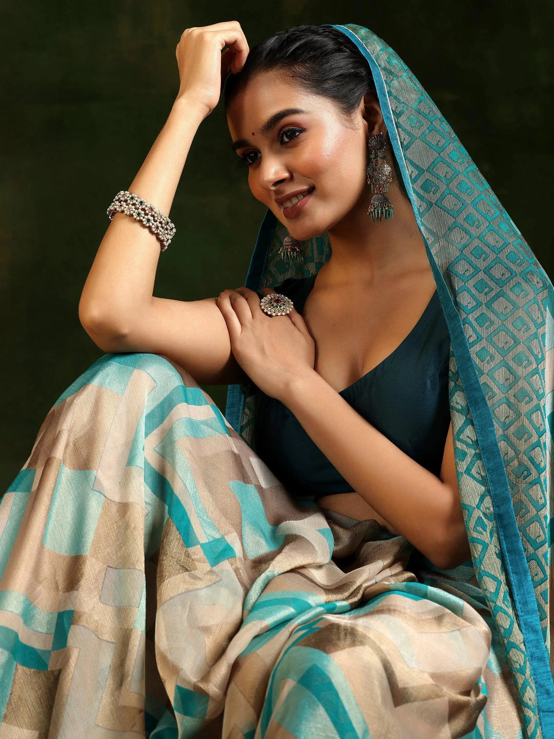 Rama Printed Poly Chiffon Saree With Unstitched Blouse Piece 
