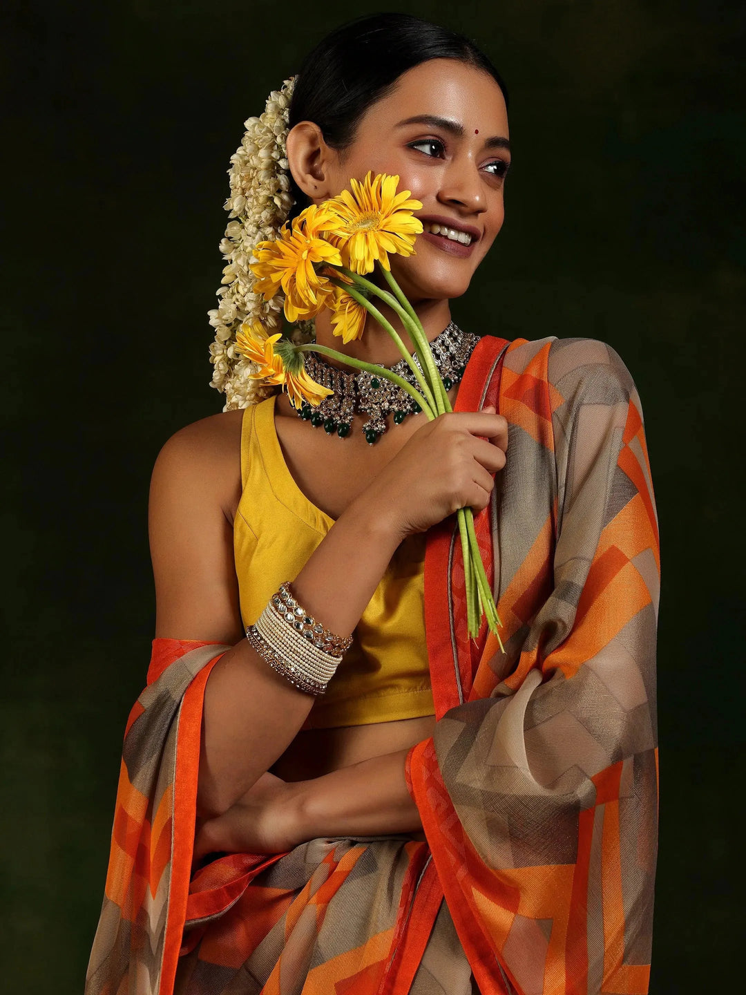  Orange Printed Poly Chiffon Saree With Unstitched Blouse Piece 