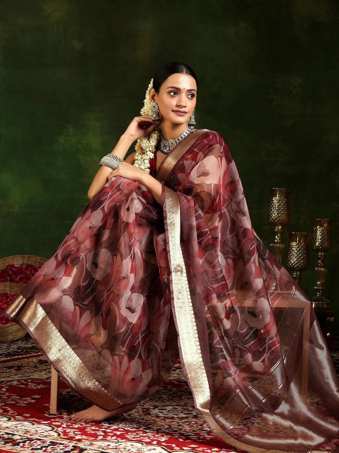  Mauve Printed Organza Saree With Unstitched Blouse Piece 