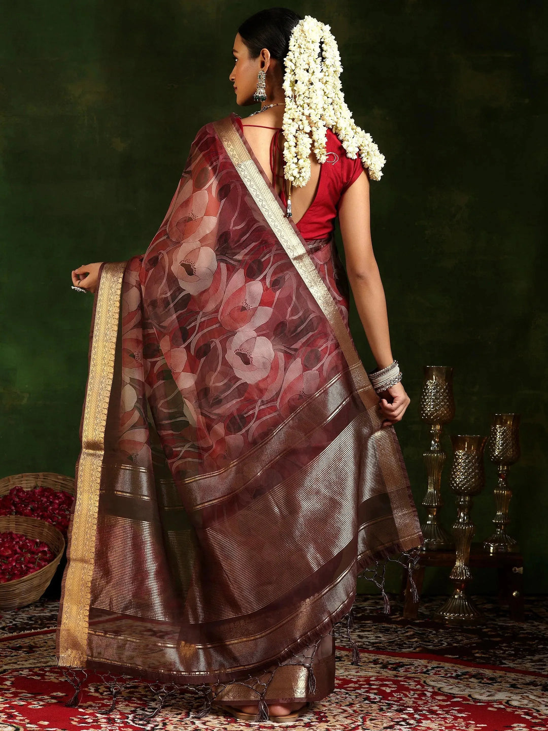  Mauve Printed Organza Saree With Unstitched Blouse Piece 