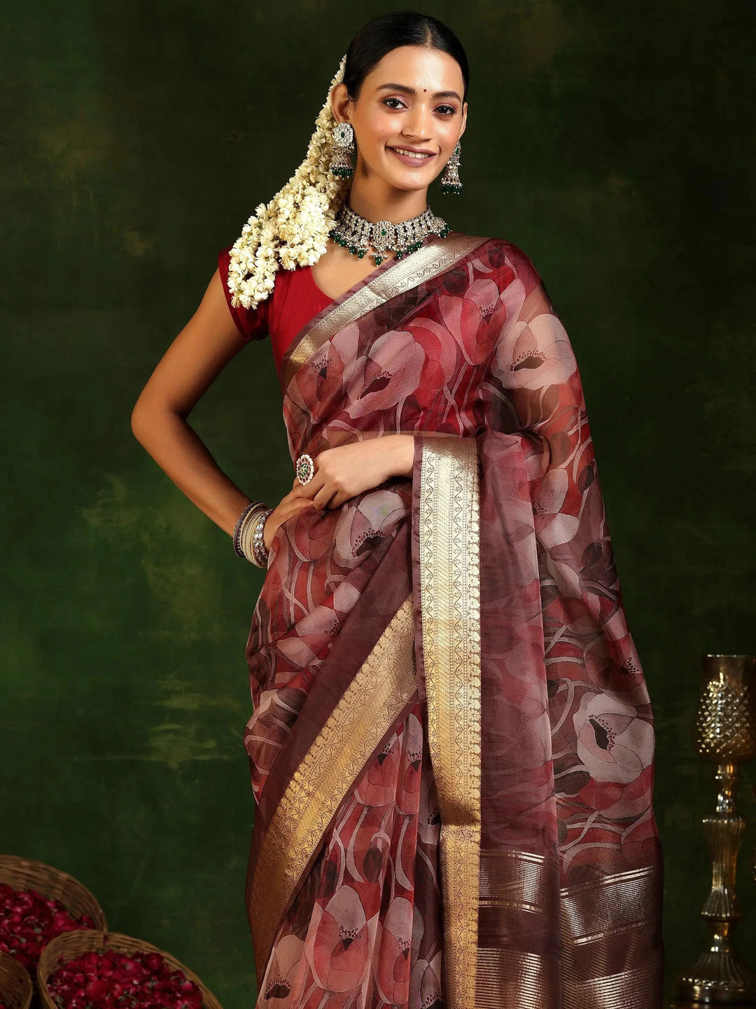  Mauve Printed Organza Saree With Unstitched Blouse Piece 