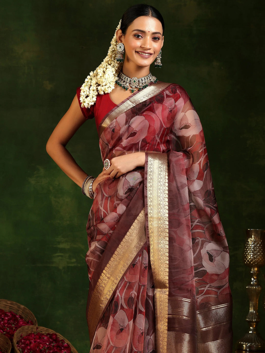  Mauve Printed Organza Saree With Unstitched Blouse Piece 