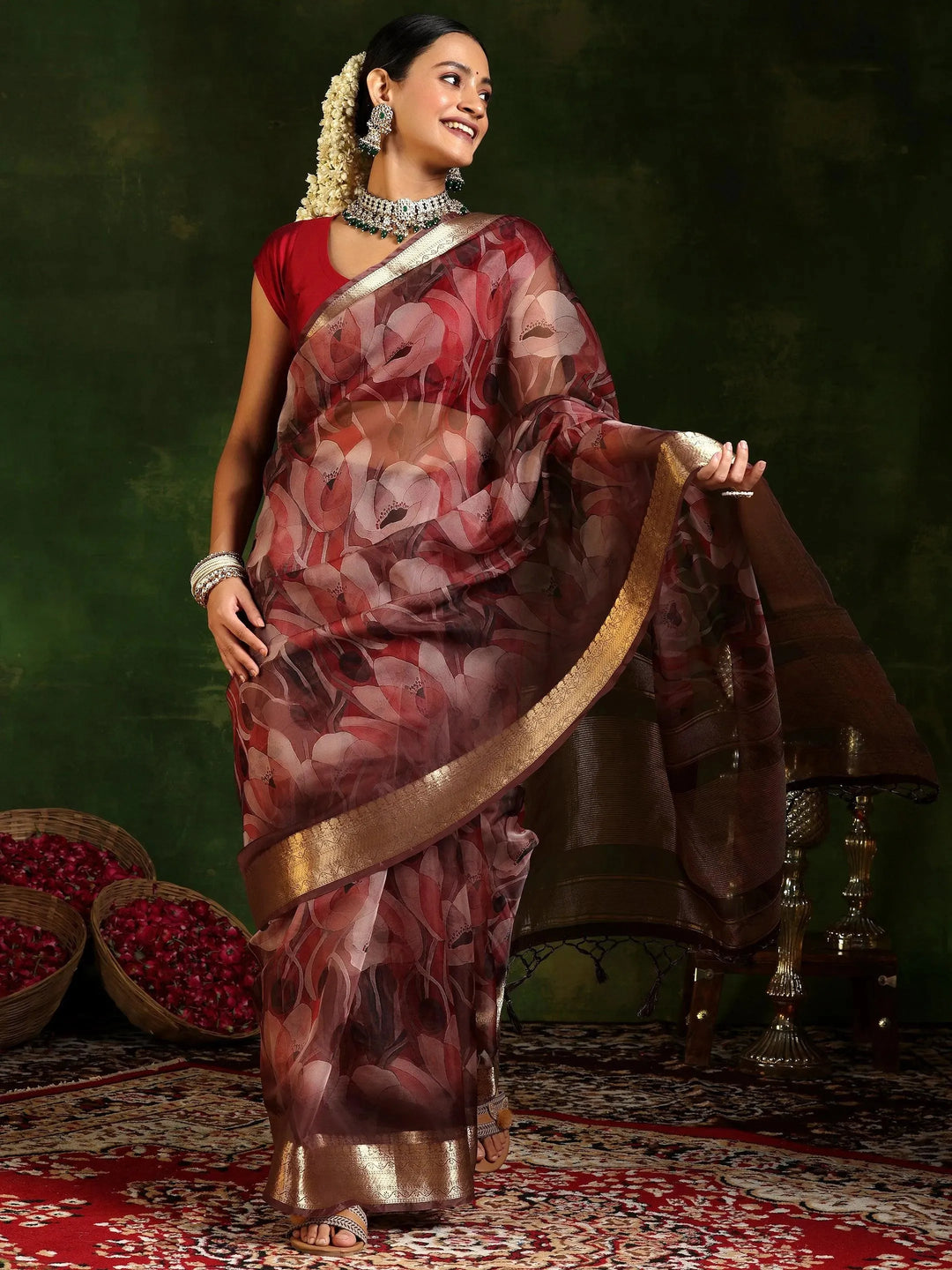  Mauve Printed Organza Saree With Unstitched Blouse Piece 