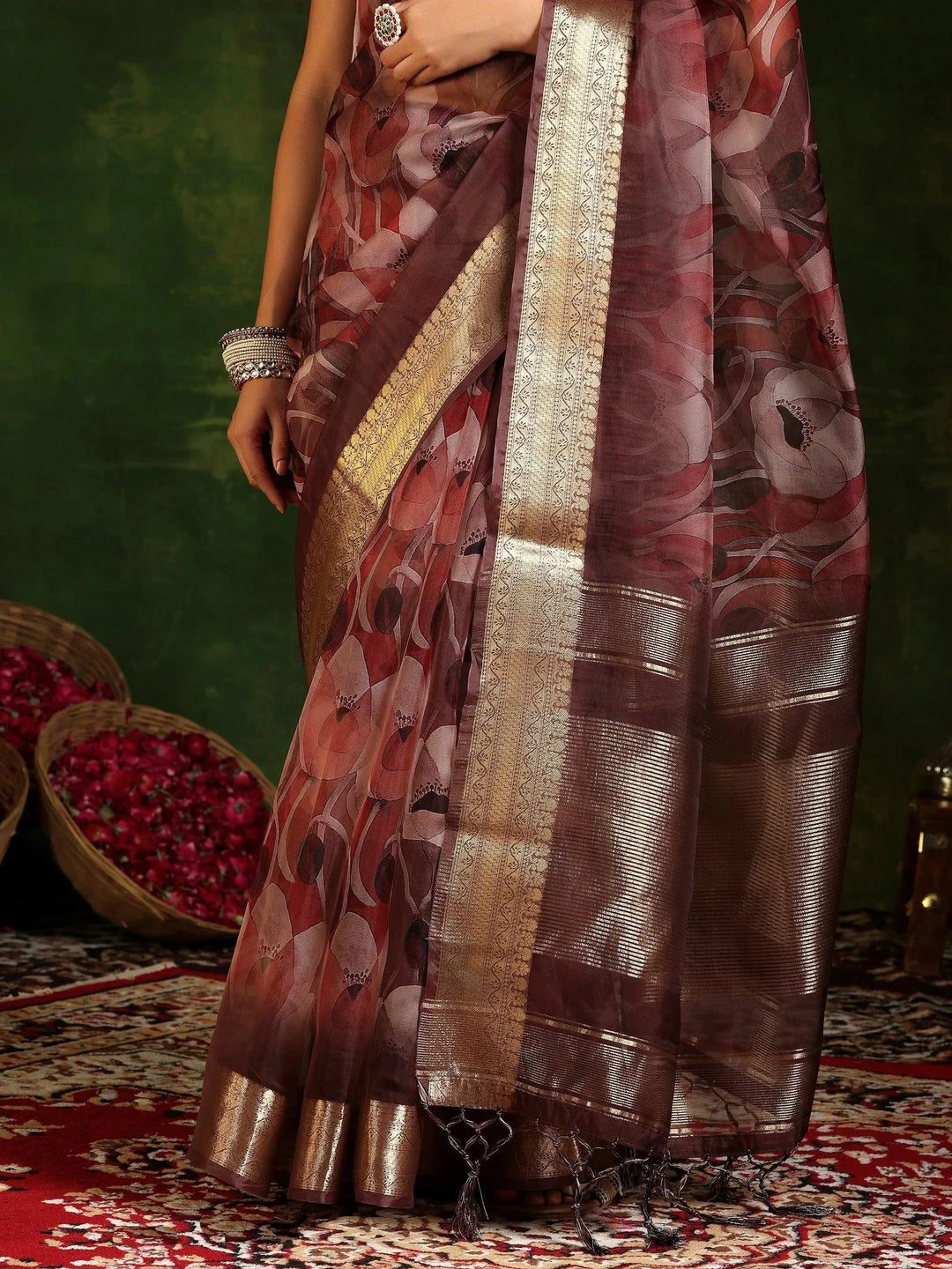  Mauve Printed Organza Saree With Unstitched Blouse Piece 