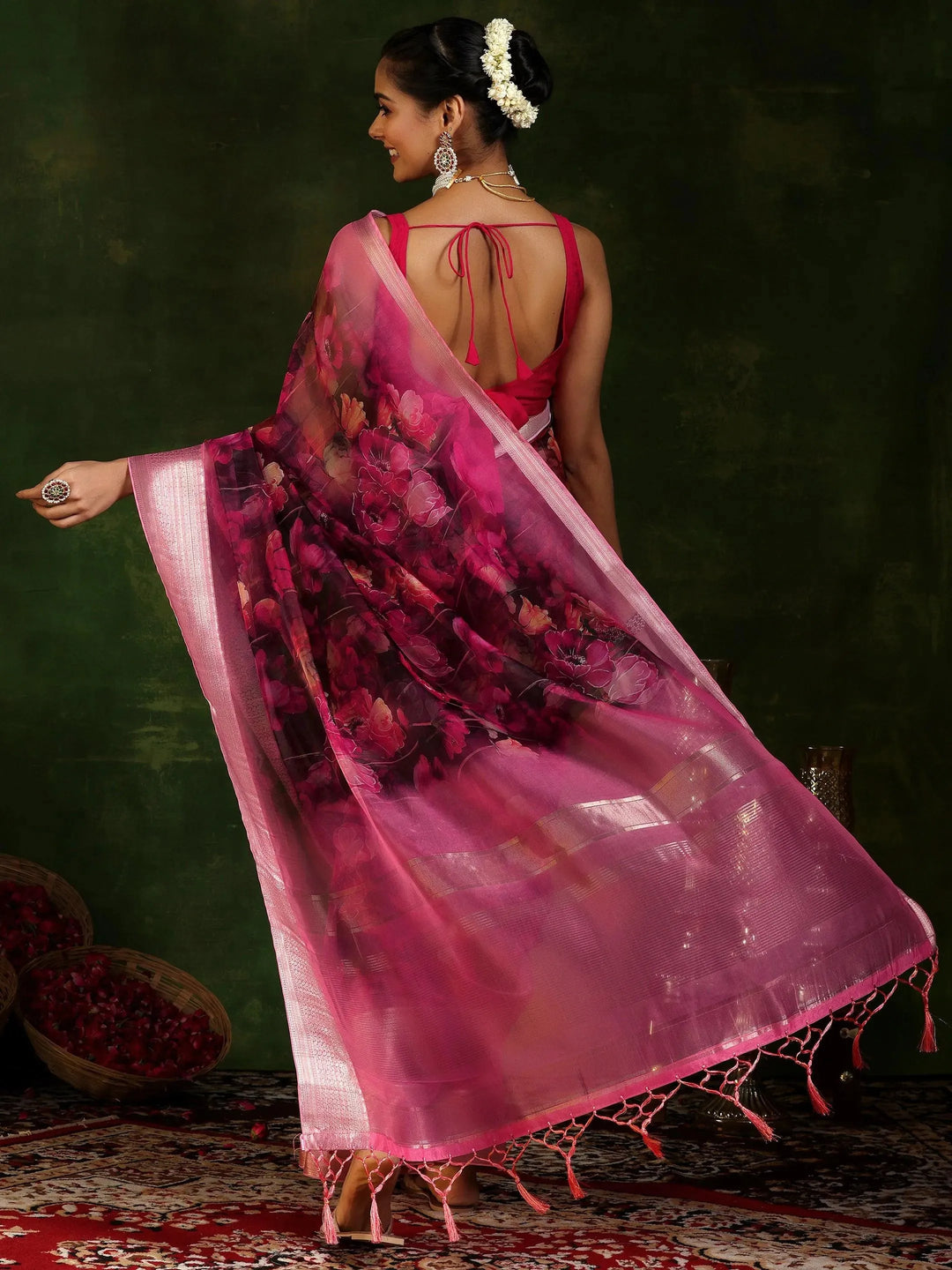  Pink Printed Organza Saree With Unstitched Blouse Piece 