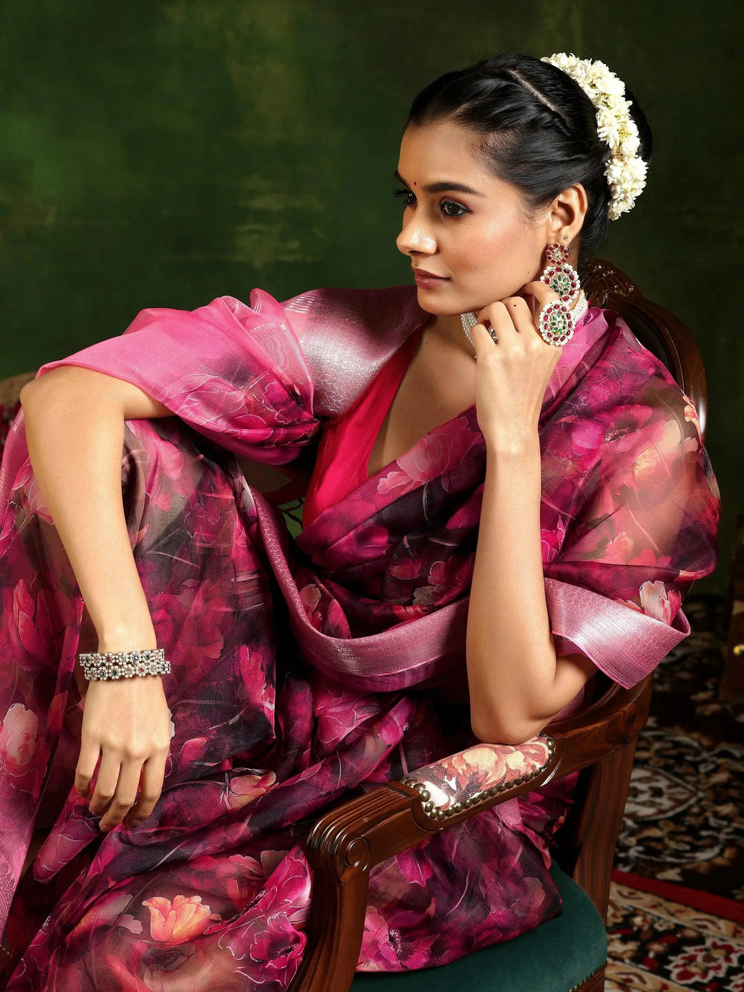  Pink Printed Organza Saree With Unstitched Blouse Piece 