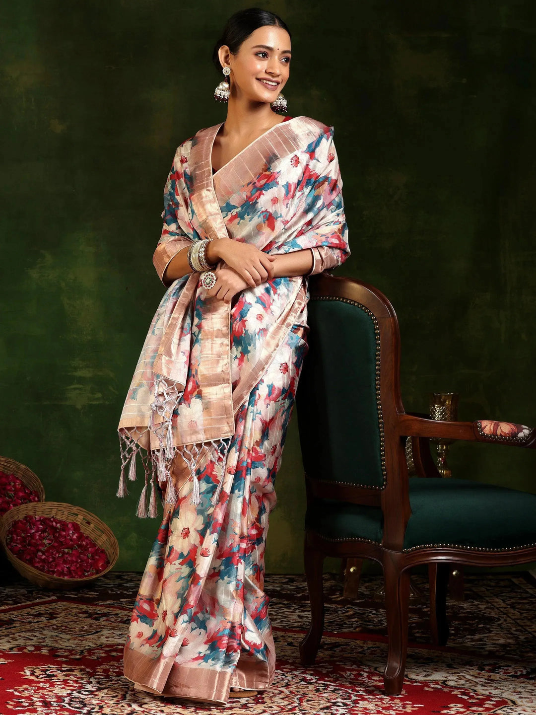  Multi Printed Silk Blend Saree With Unstitched Blouse Piece 