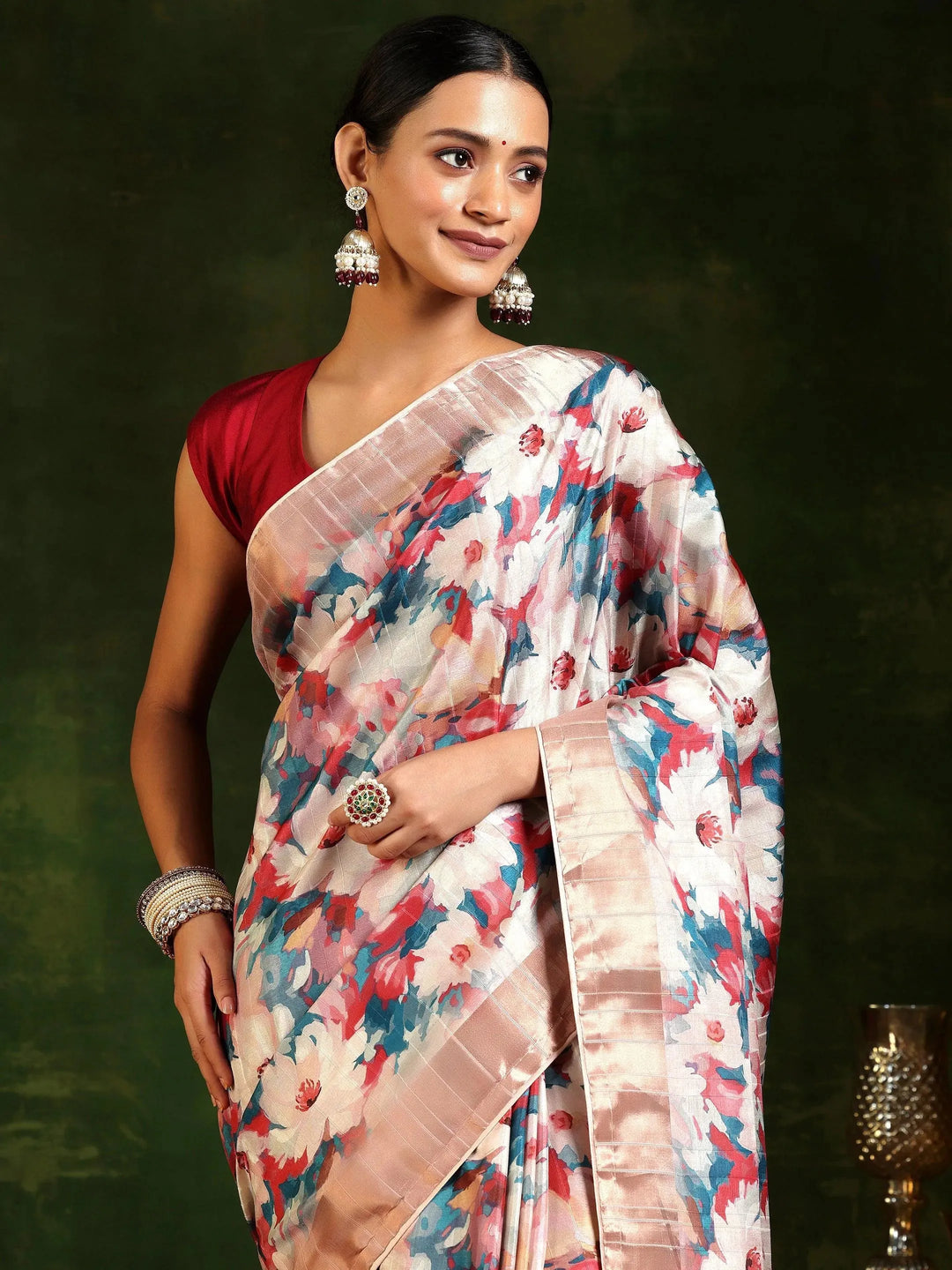  Multi Printed Silk Blend Saree With Unstitched Blouse Piece 