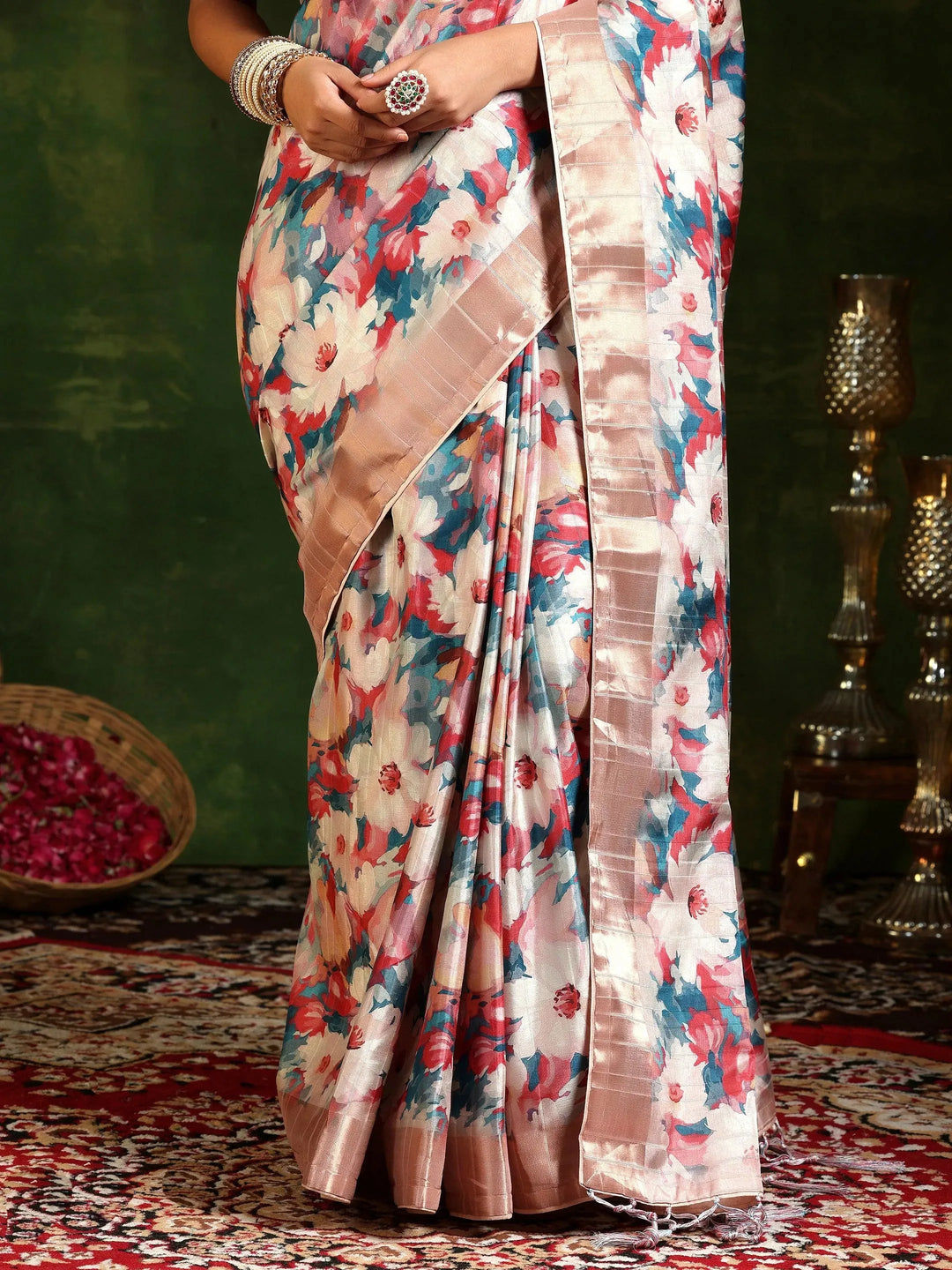  Multi Printed Silk Blend Saree With Unstitched Blouse Piece 