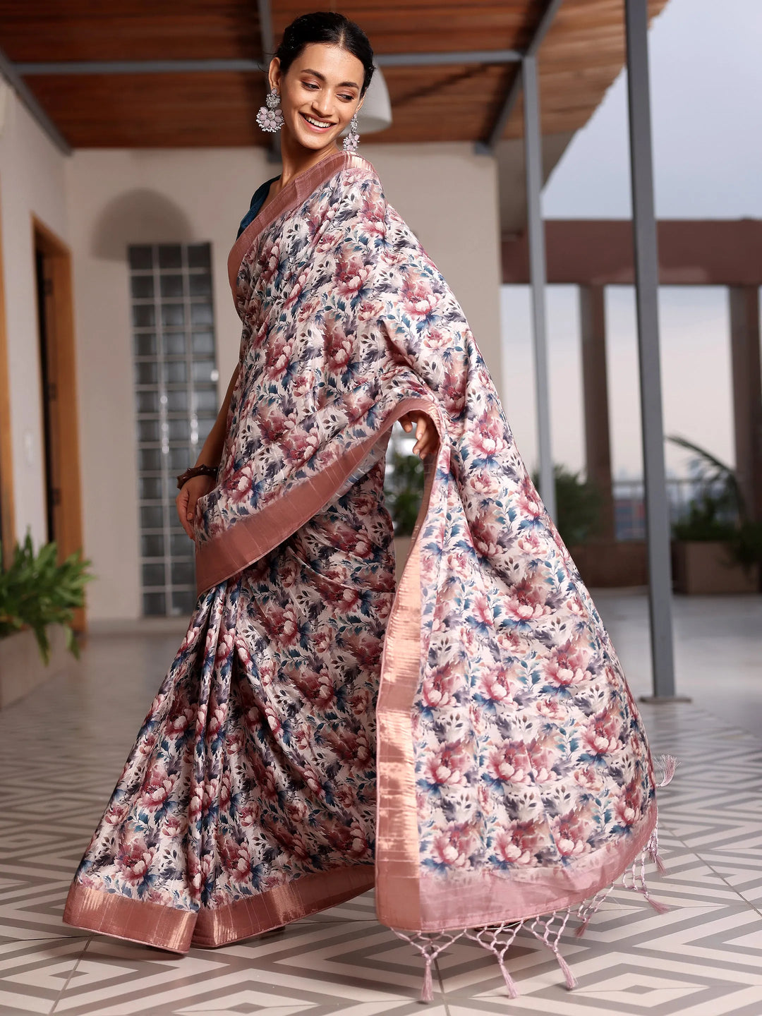  Beige Printed Silk Blend Saree With Unstitched Blouse Piece 