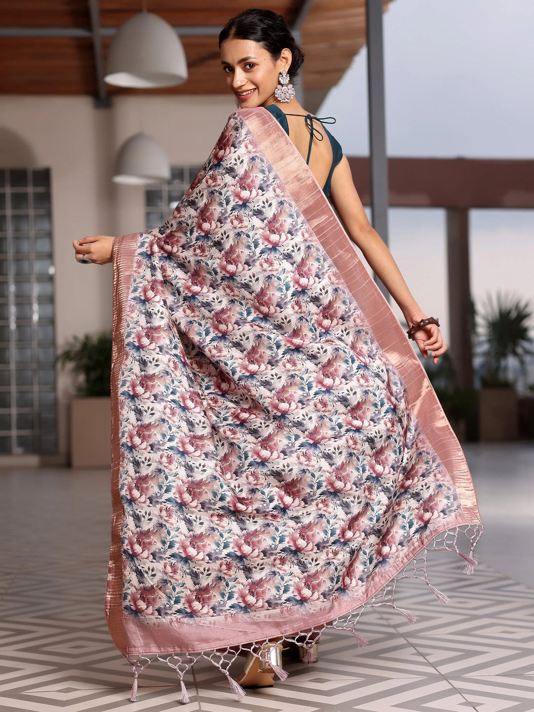  Beige Printed Silk Blend Saree With Unstitched Blouse Piece 